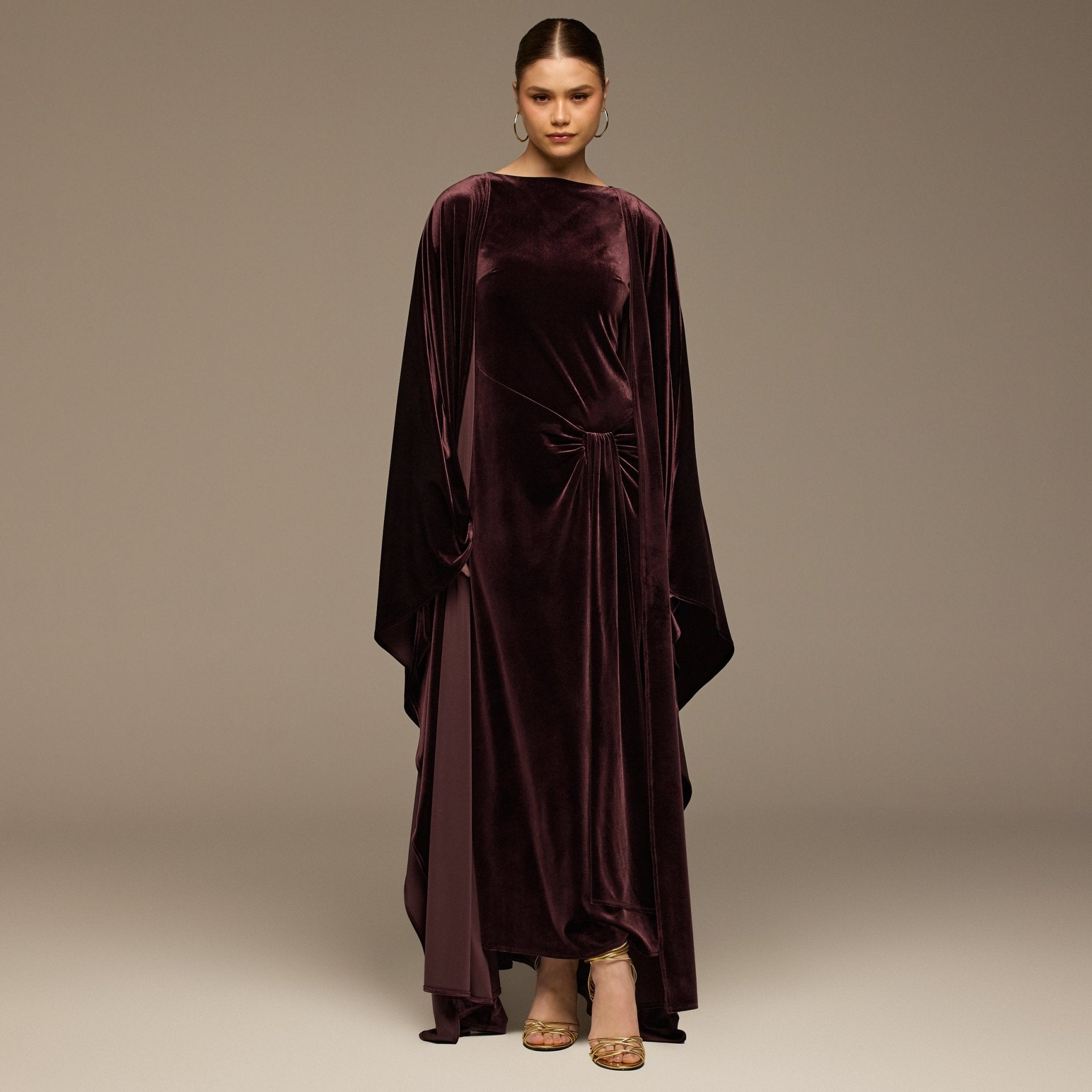 Burgundy Velvet Dress & Draped Cape Set - shopaleena