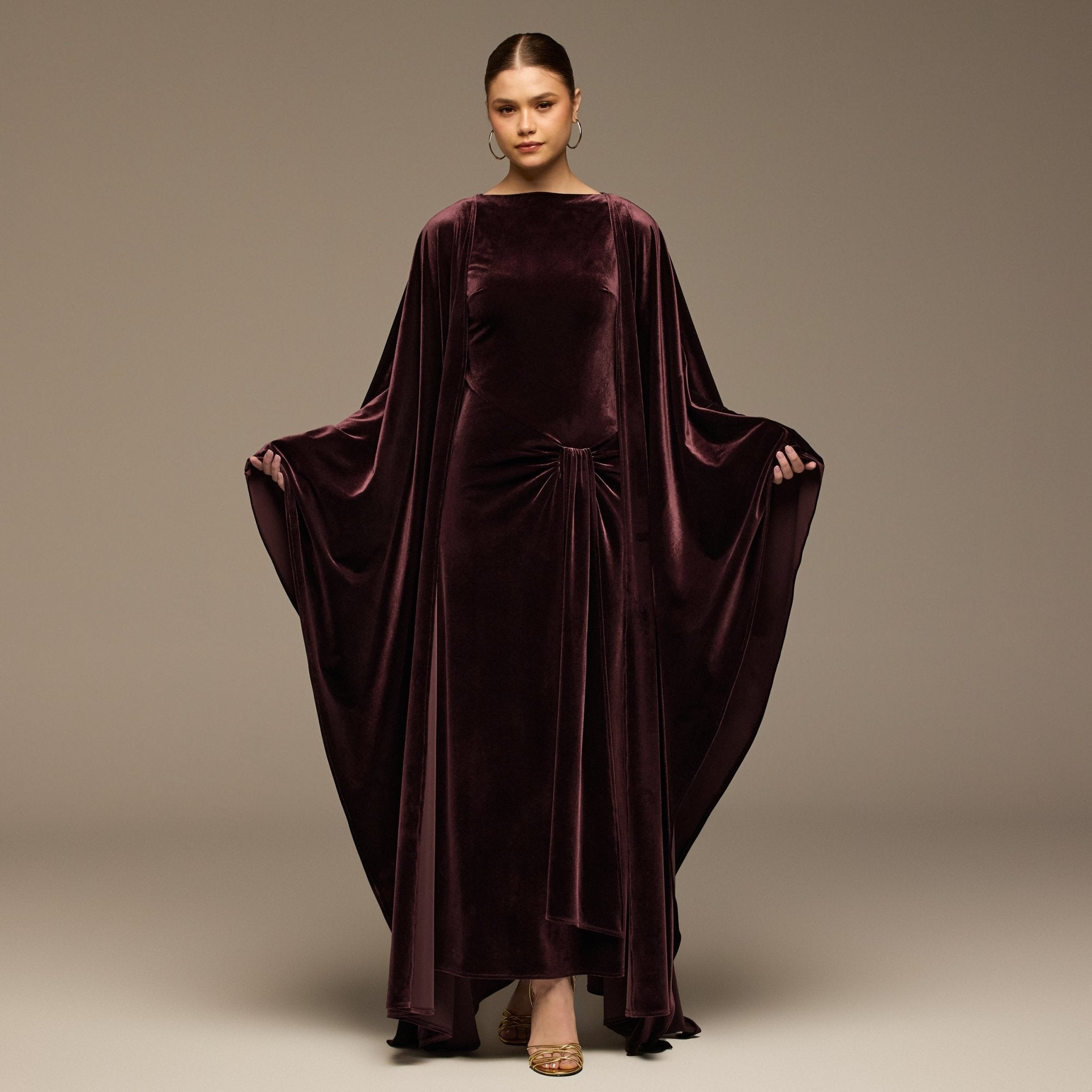 Burgundy Velvet Dress & Draped Cape Set - shopaleena