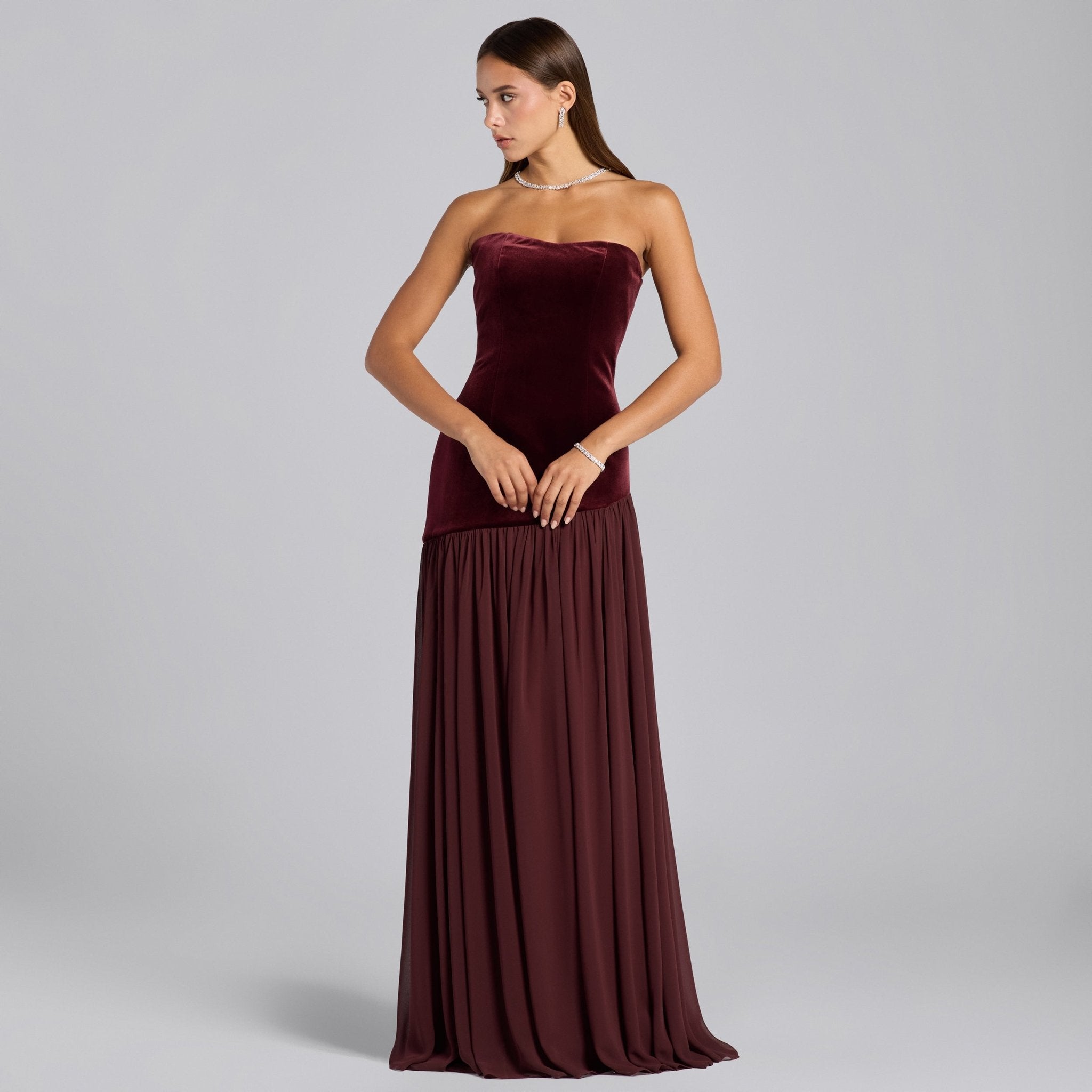Burgundy Velvet Dress with Voluminous Chiffon Skirt - shopaleena