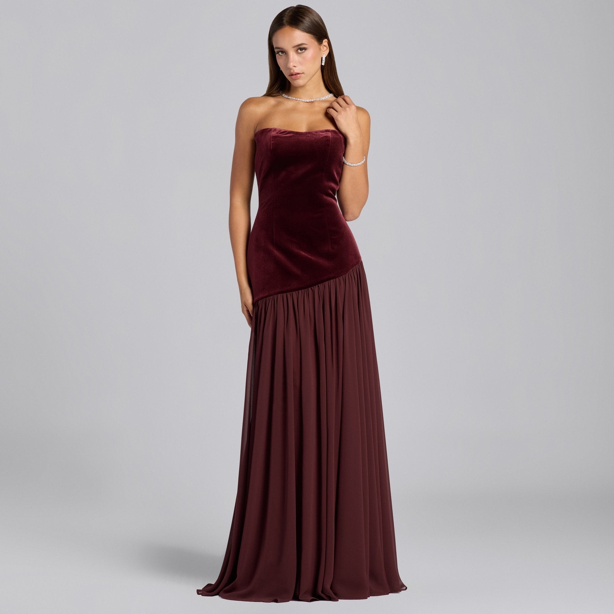 Burgundy Velvet Dress with Voluminous Chiffon Skirt - shopaleena