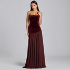 Burgundy Velvet Dress with Voluminous Chiffon Skirt - shopaleena