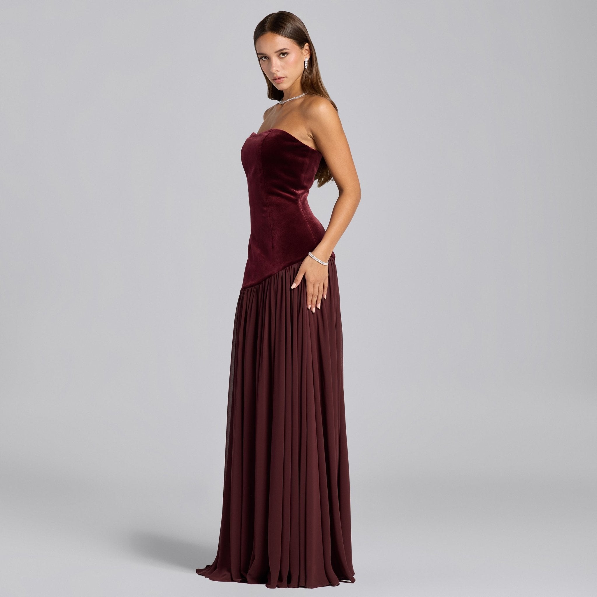Burgundy Velvet Dress with Voluminous Chiffon Skirt - shopaleena