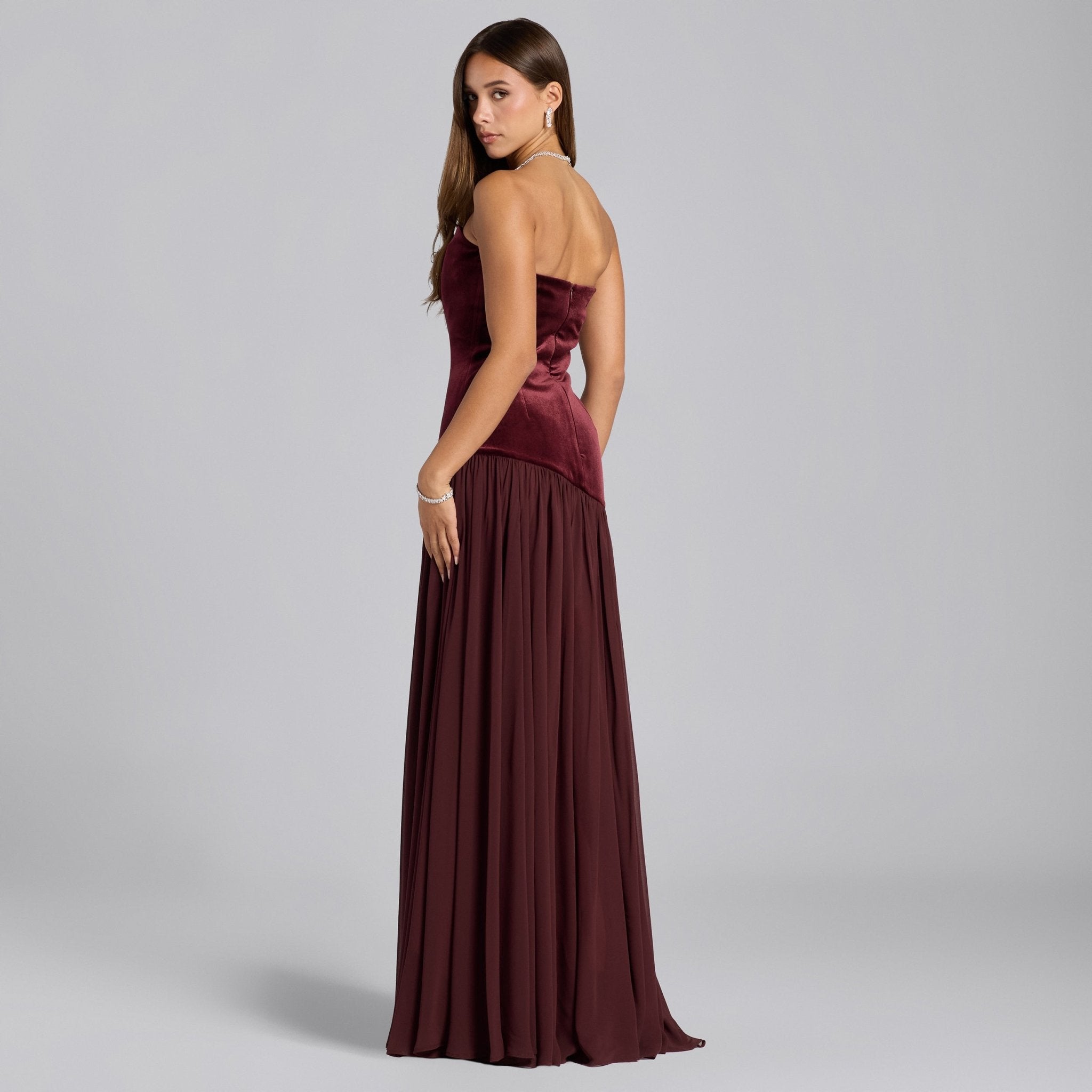 Burgundy Velvet Dress with Voluminous Chiffon Skirt - shopaleena