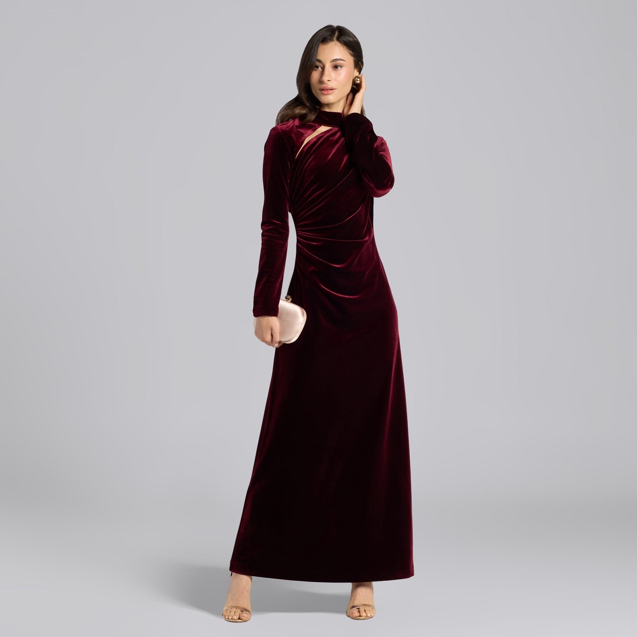 Burgundy Velvet High Neck Gown - shopaleena