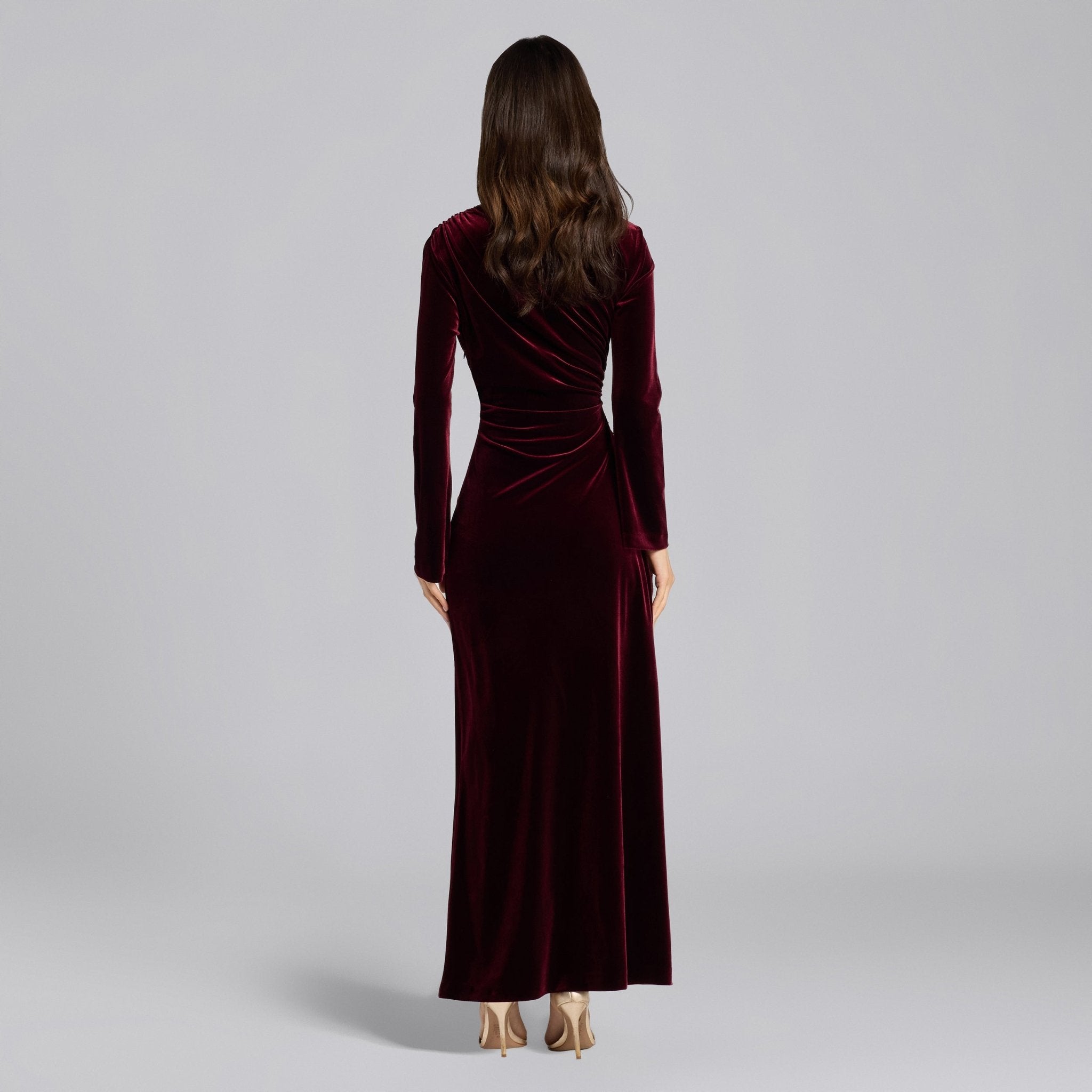 Burgundy Velvet High Neck Gown - shopaleena