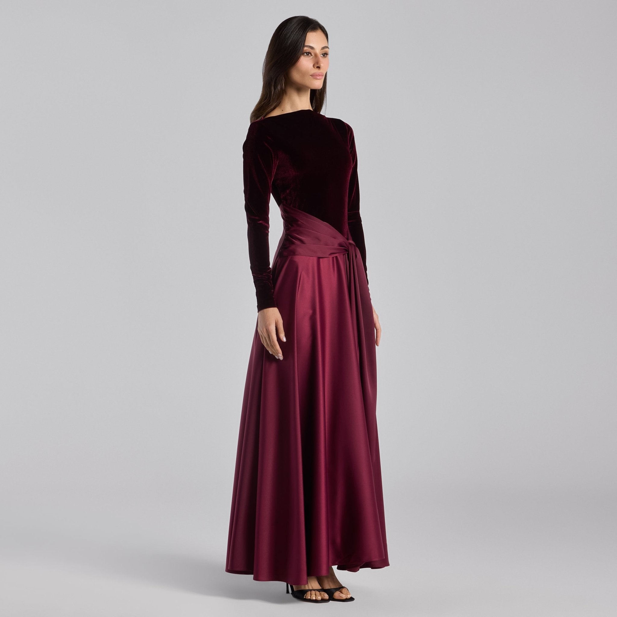 Burgundy Velvet & Satin Midi Dress with Twisted Waist - shopaleena