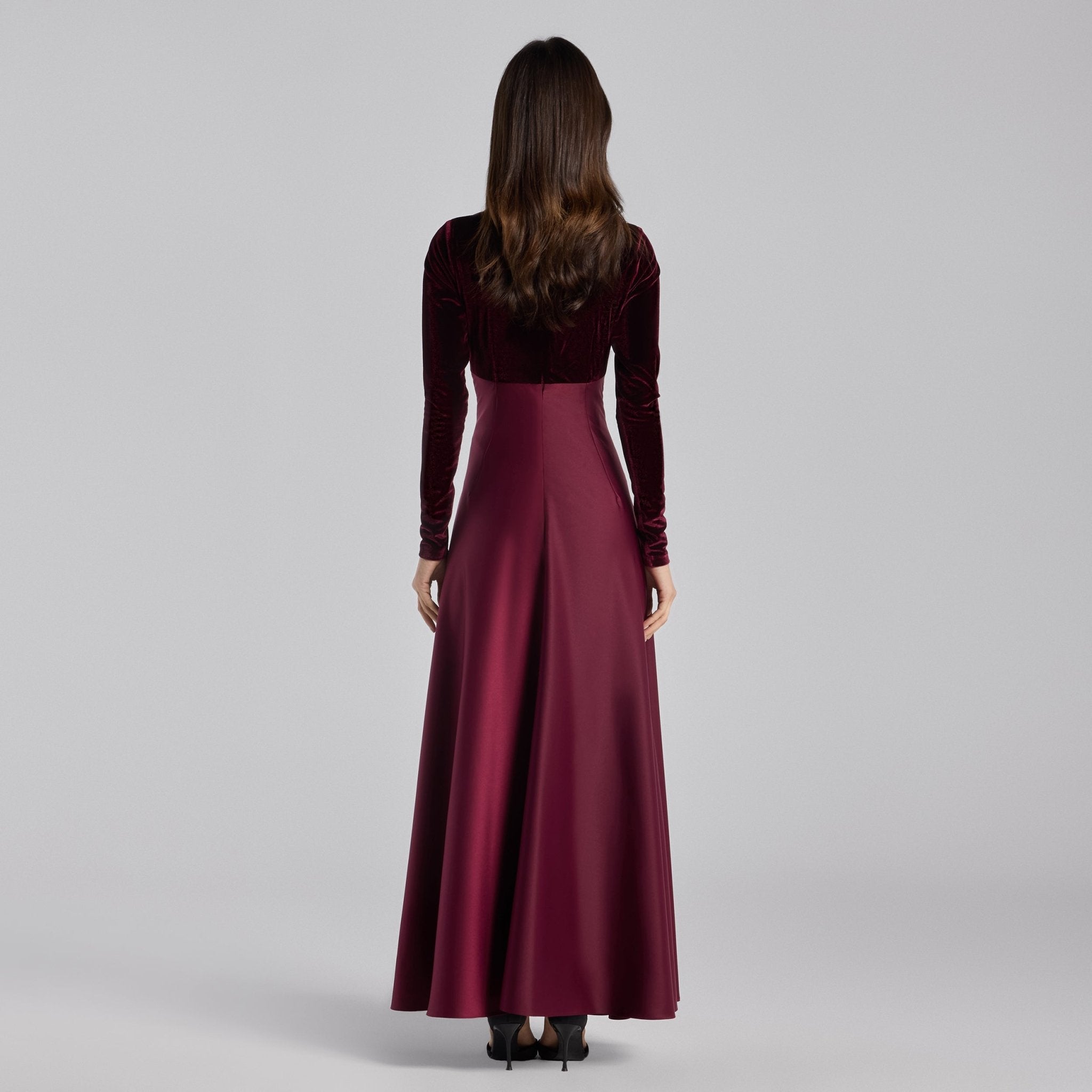 Burgundy Velvet & Satin Midi Dress with Twisted Waist - shopaleena