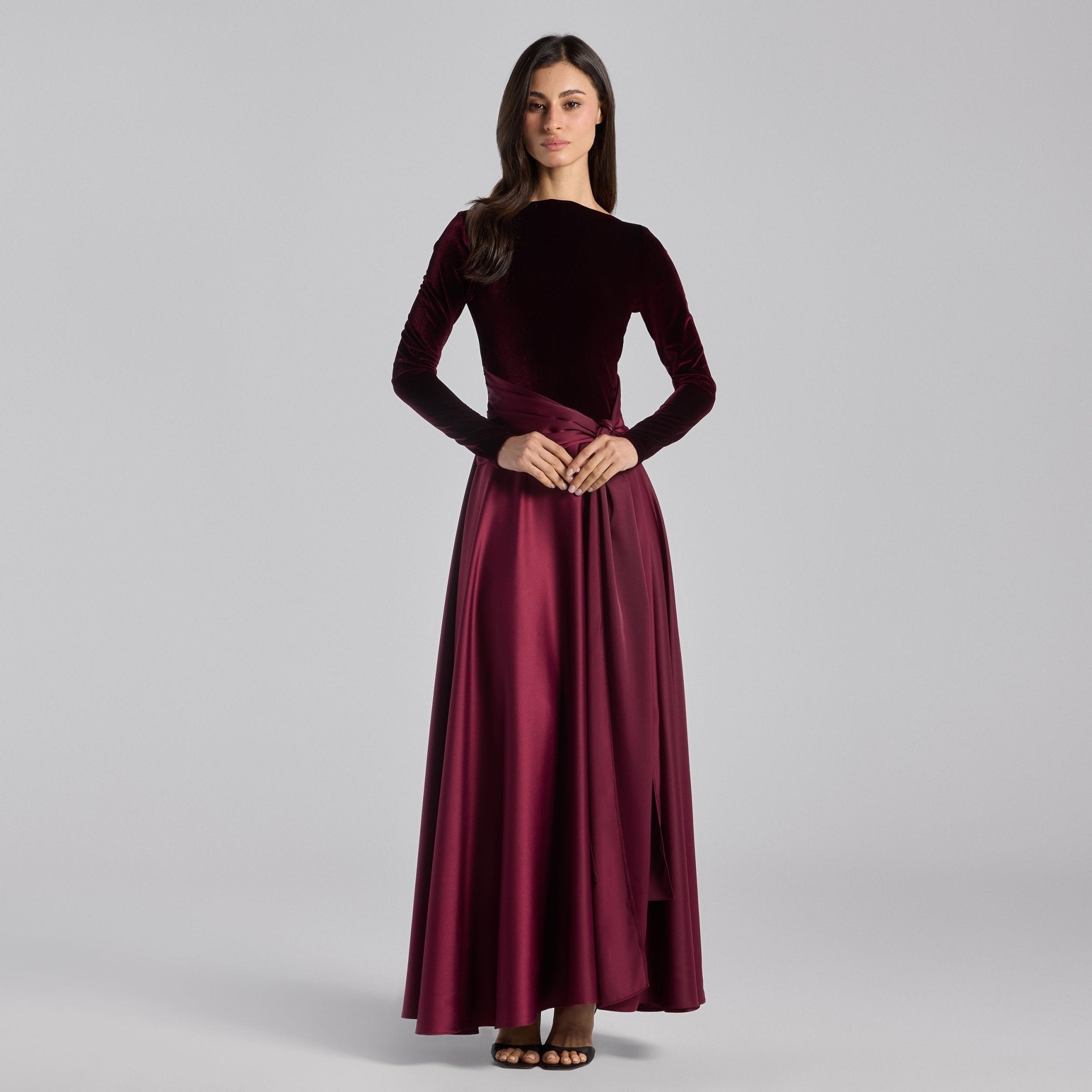 Burgundy Velvet & Satin Midi Dress with Twisted Waist – shopaleena