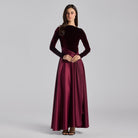 Burgundy Velvet & Satin Midi Dress with Twisted Waist - shopaleena