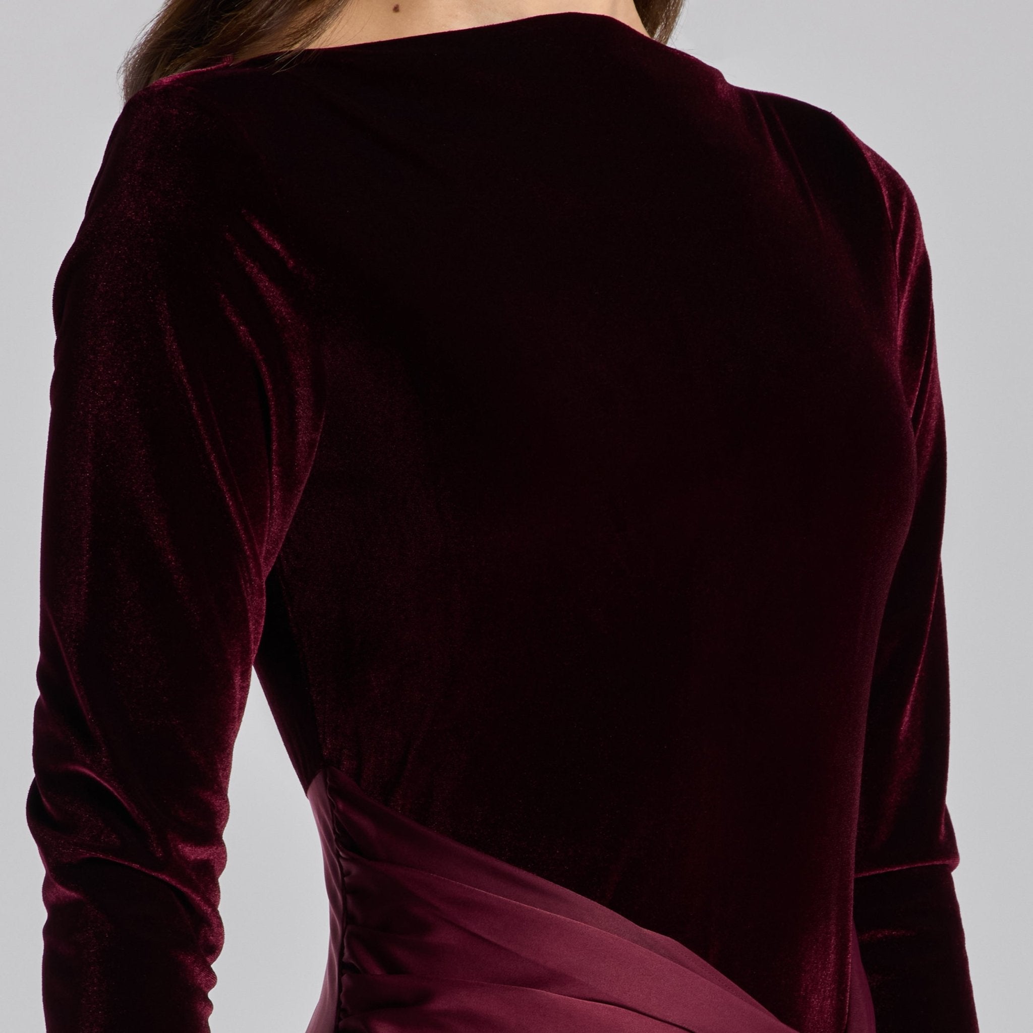 Burgundy Velvet & Satin Midi Dress with Twisted Waist - shopaleena