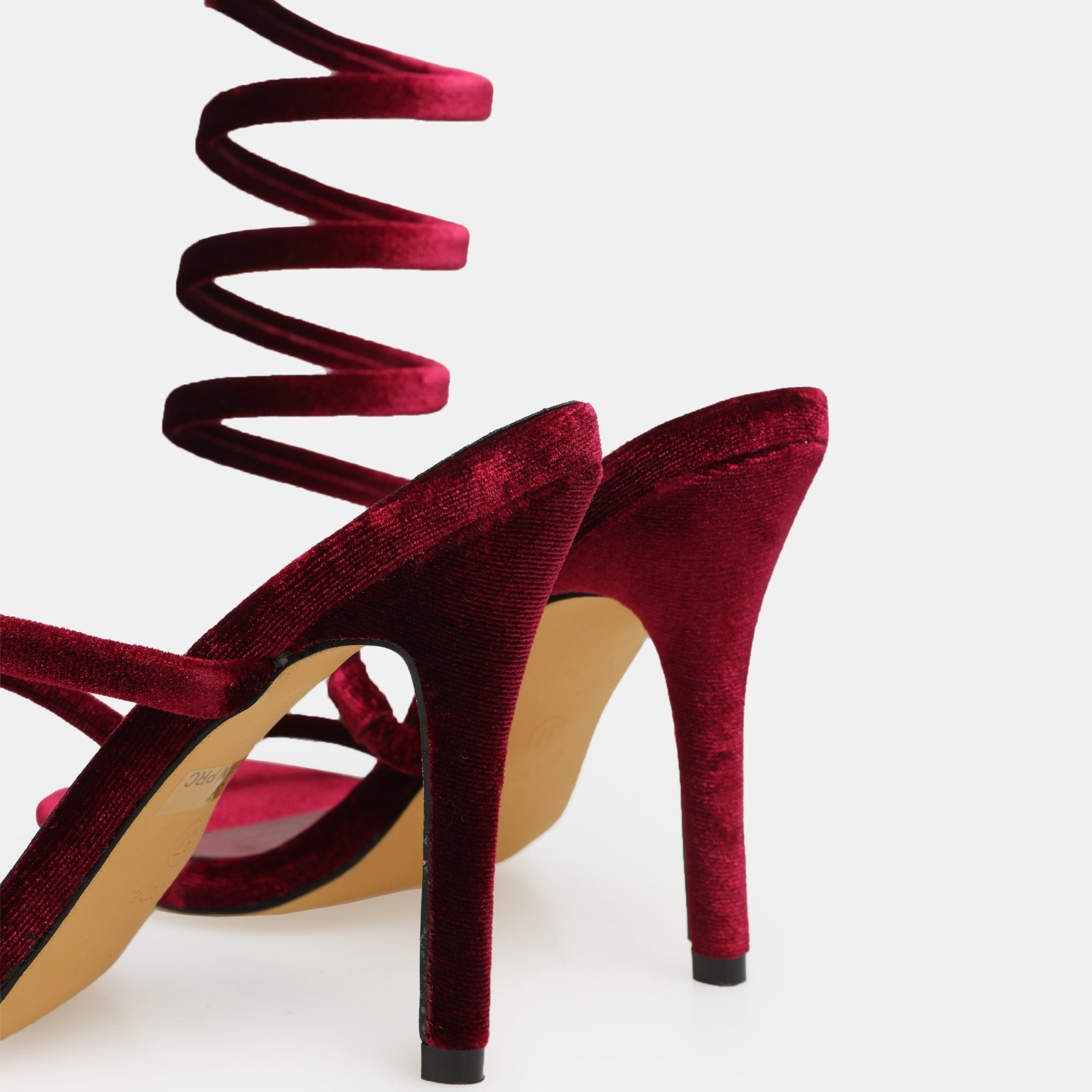 Burgundy Velvet Spiral Strap High Heel Sandals - shopaleena