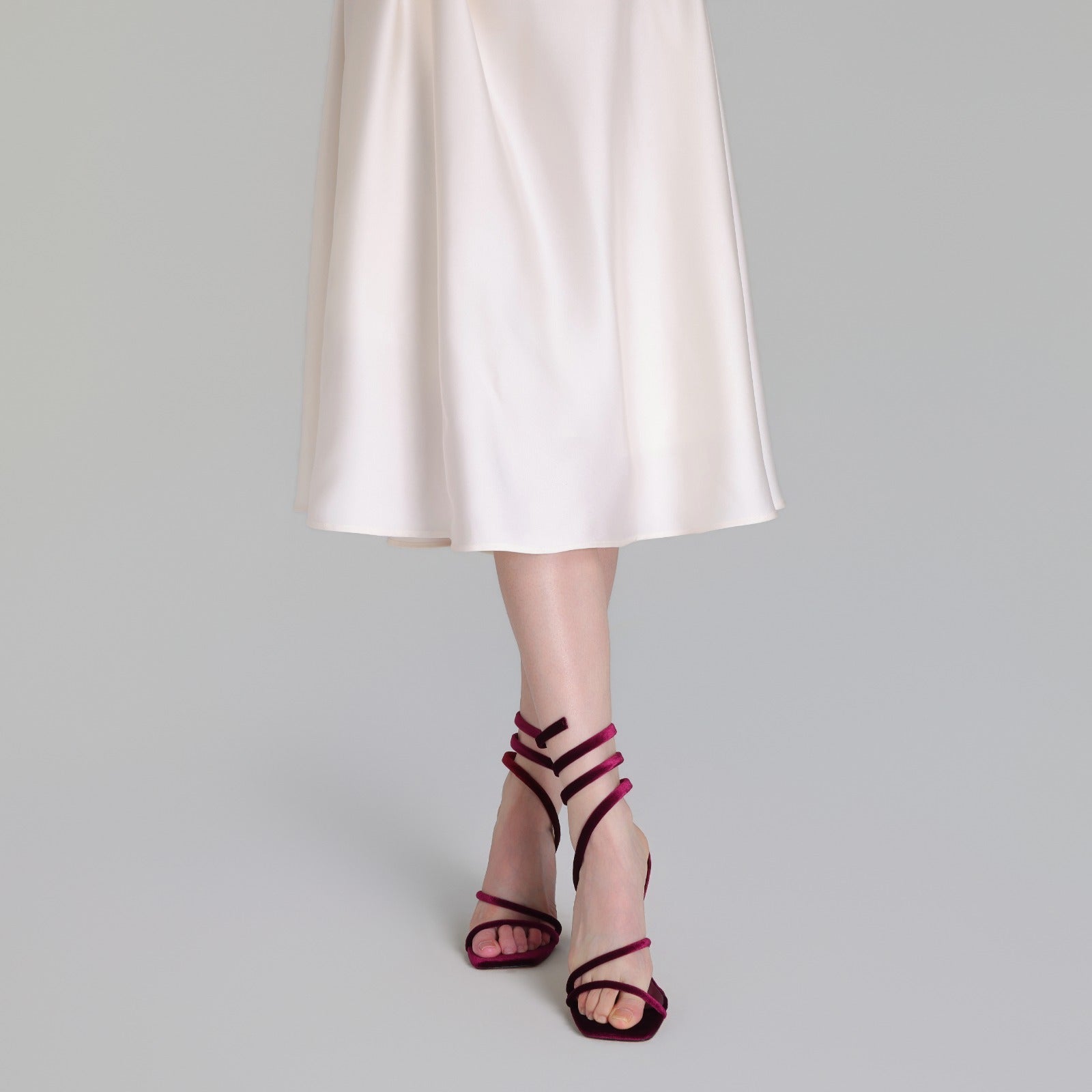 Burgundy Velvet Spiral Strap High Heel Sandals - shopaleena