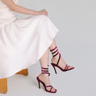 Burgundy Velvet Spiral Strap High Heel Sandals - shopaleena