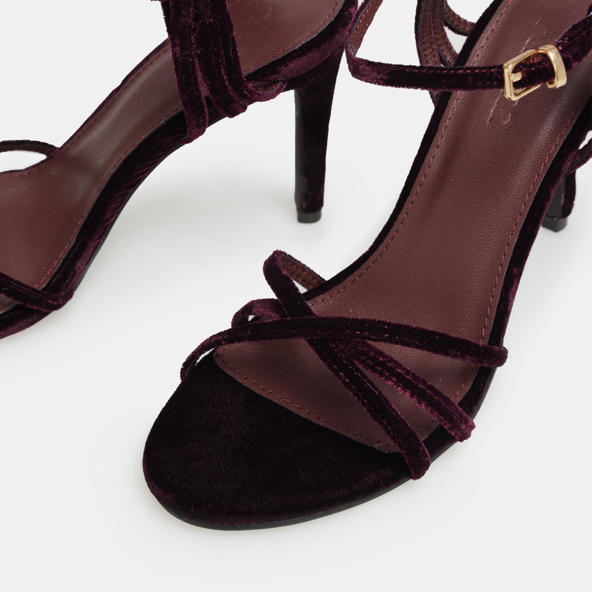 Burgundy Velvet Strappy High Heel Sandals - shopaleena