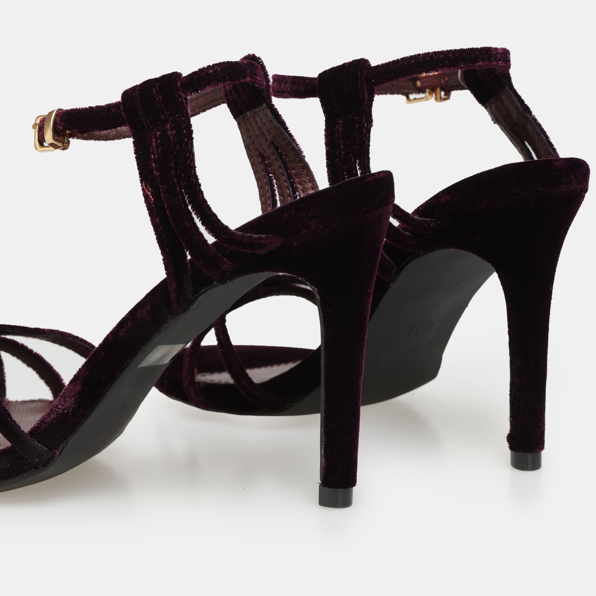Burgundy Velvet Strappy High Heel Sandals - shopaleena