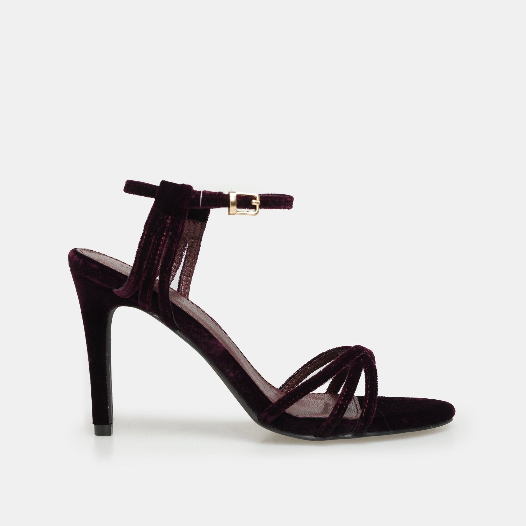 Burgundy Velvet Strappy High Heel Sandals - shopaleena