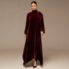 Burgundy Wide Sleeve Velvet Dress with Scarf - shopaleena