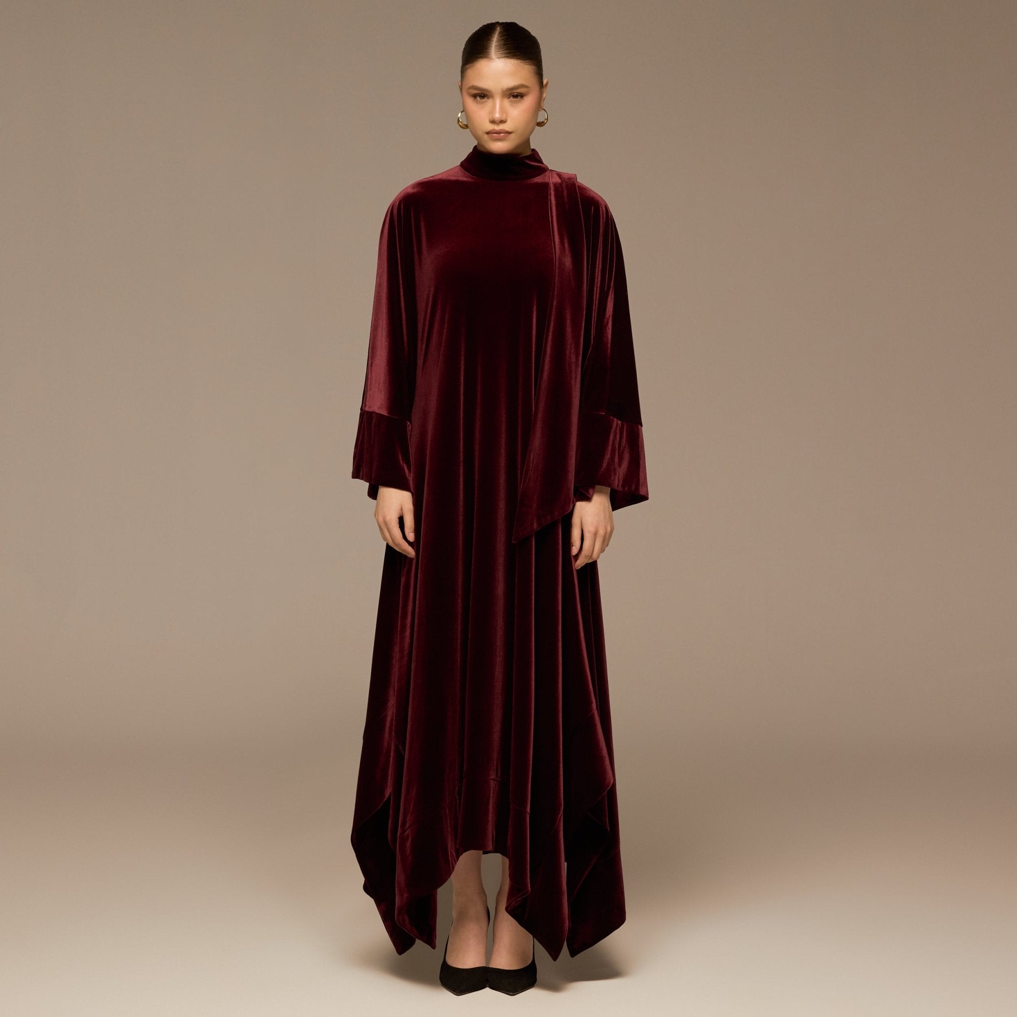 Burgundy Wide Sleeve Velvet Dress with Scarf - shopaleena