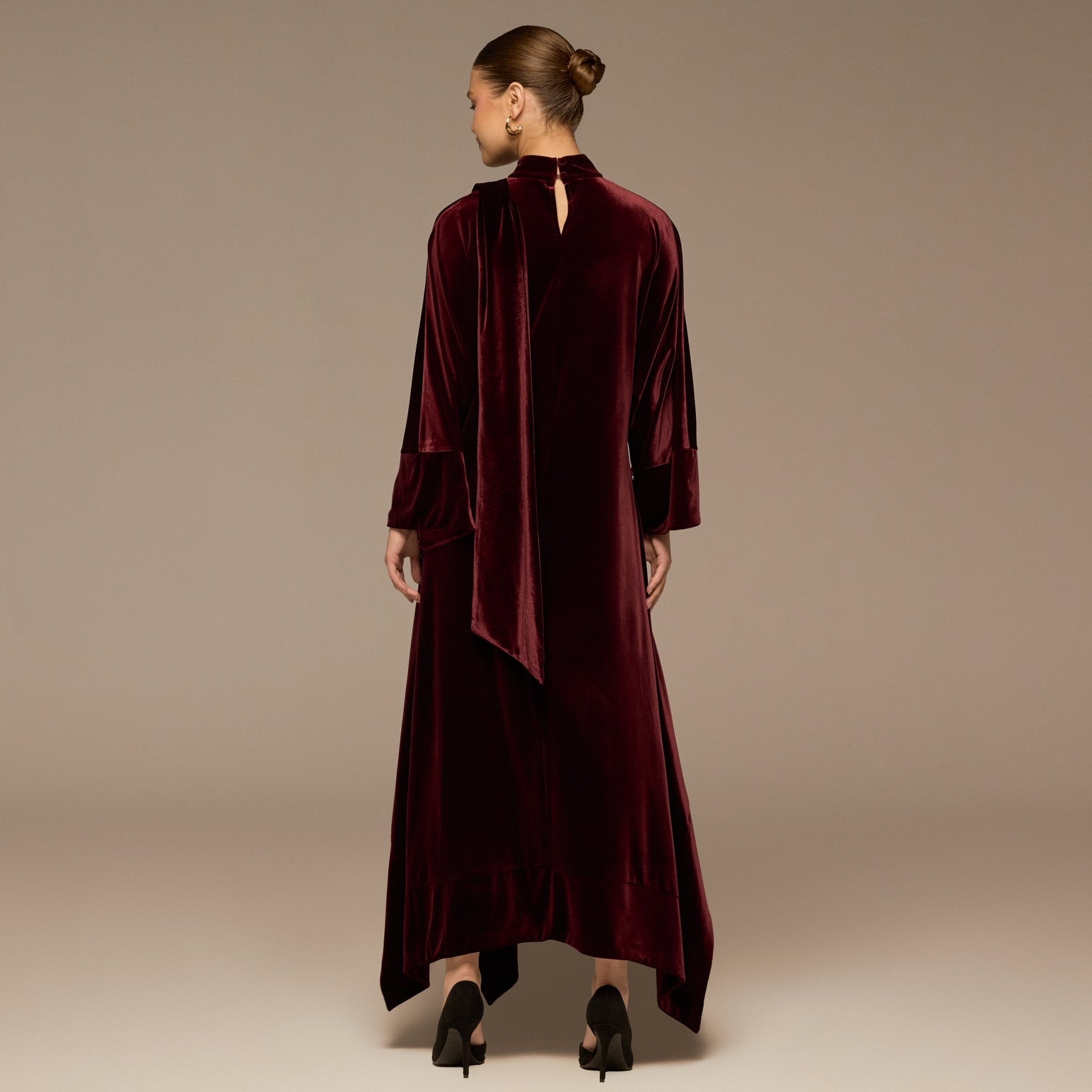 Burgundy Wide Sleeve Velvet Dress with Scarf - shopaleena