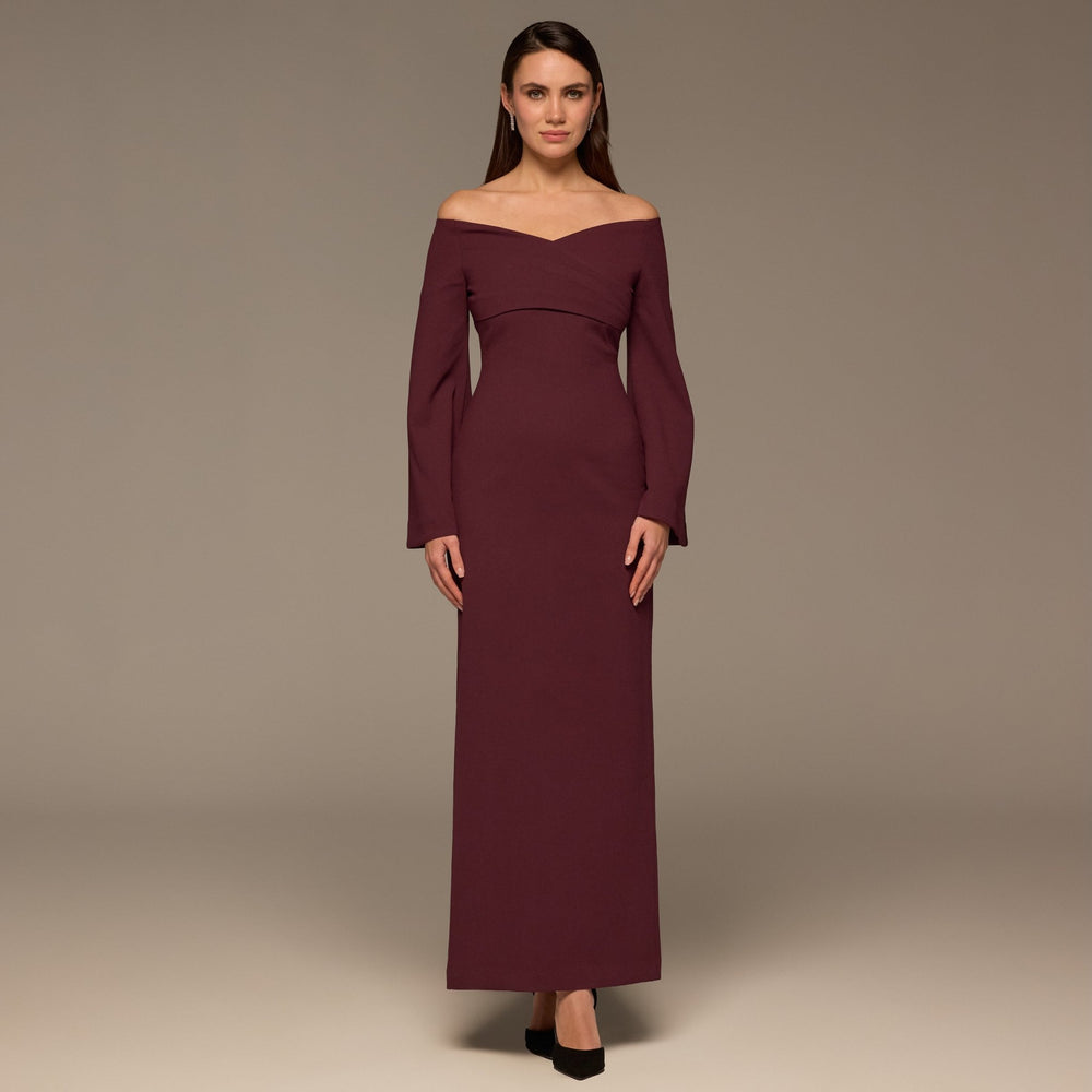 Burgundy Wide V Neck Crepe Maxi Dress - shopaleena