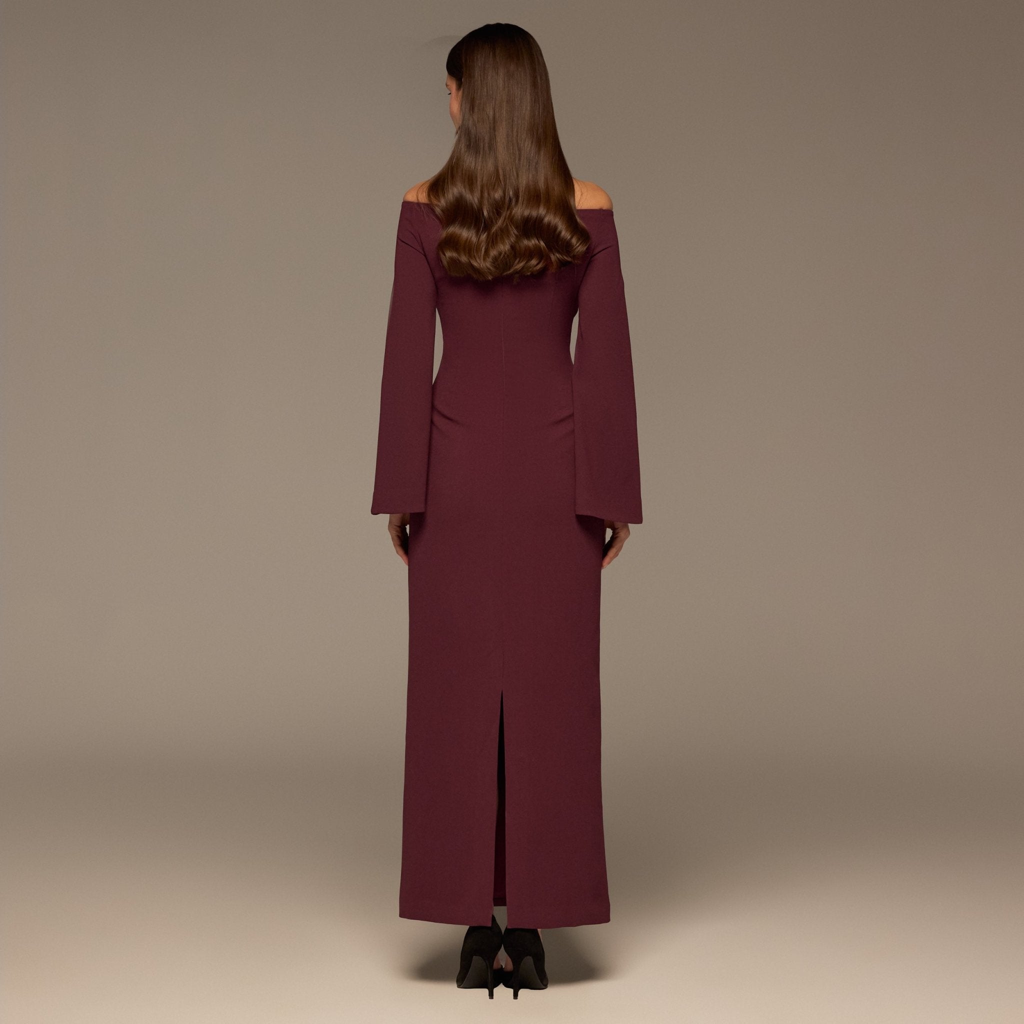 Burgundy Wide V Neck Crepe Maxi Dress - shopaleena