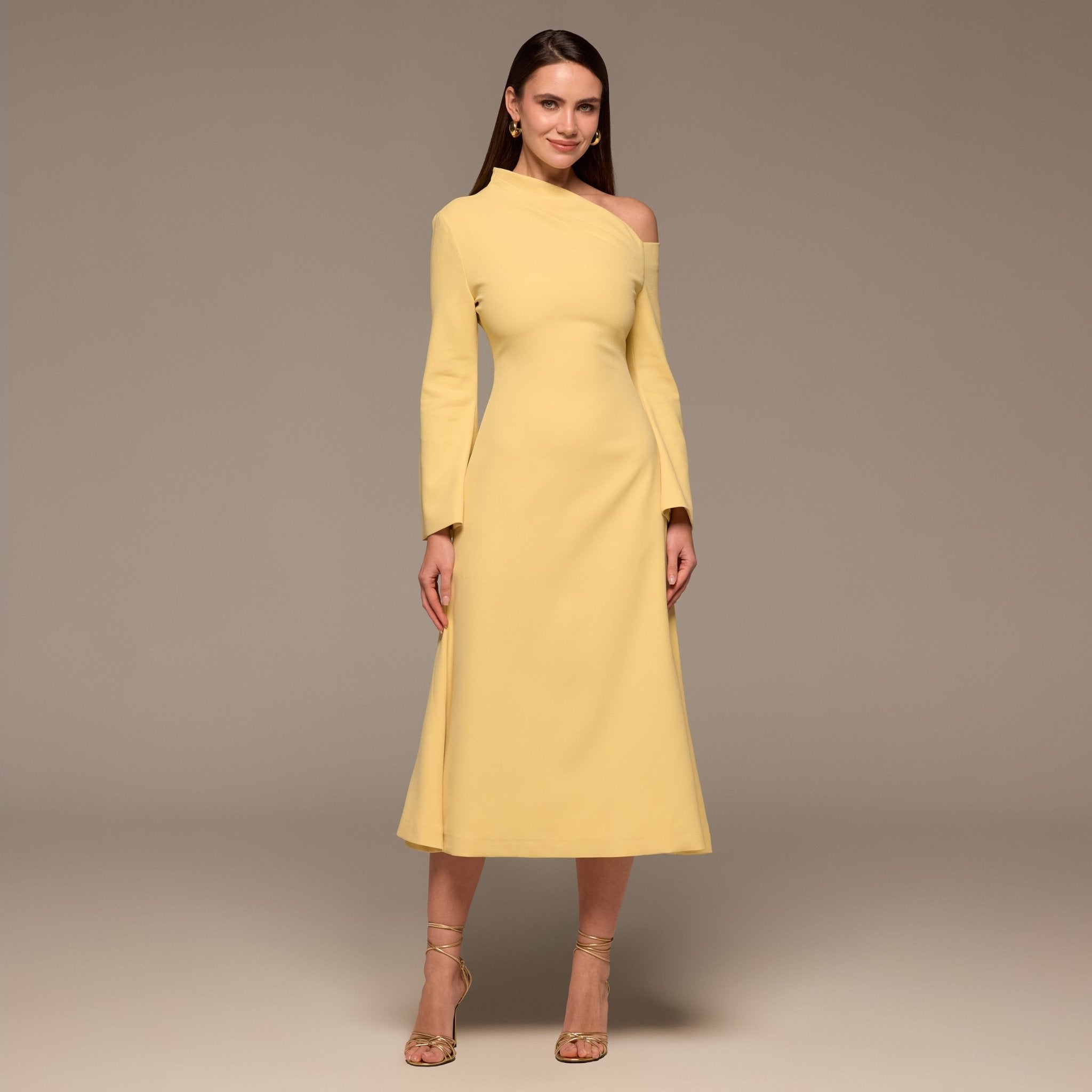 Butter Yellow Bare Shoulder Crepe Midi Dress - shopaleena