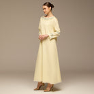 Butter Yellow Embroidered Neckline and Sleeve Linen Dress - shopaleena
