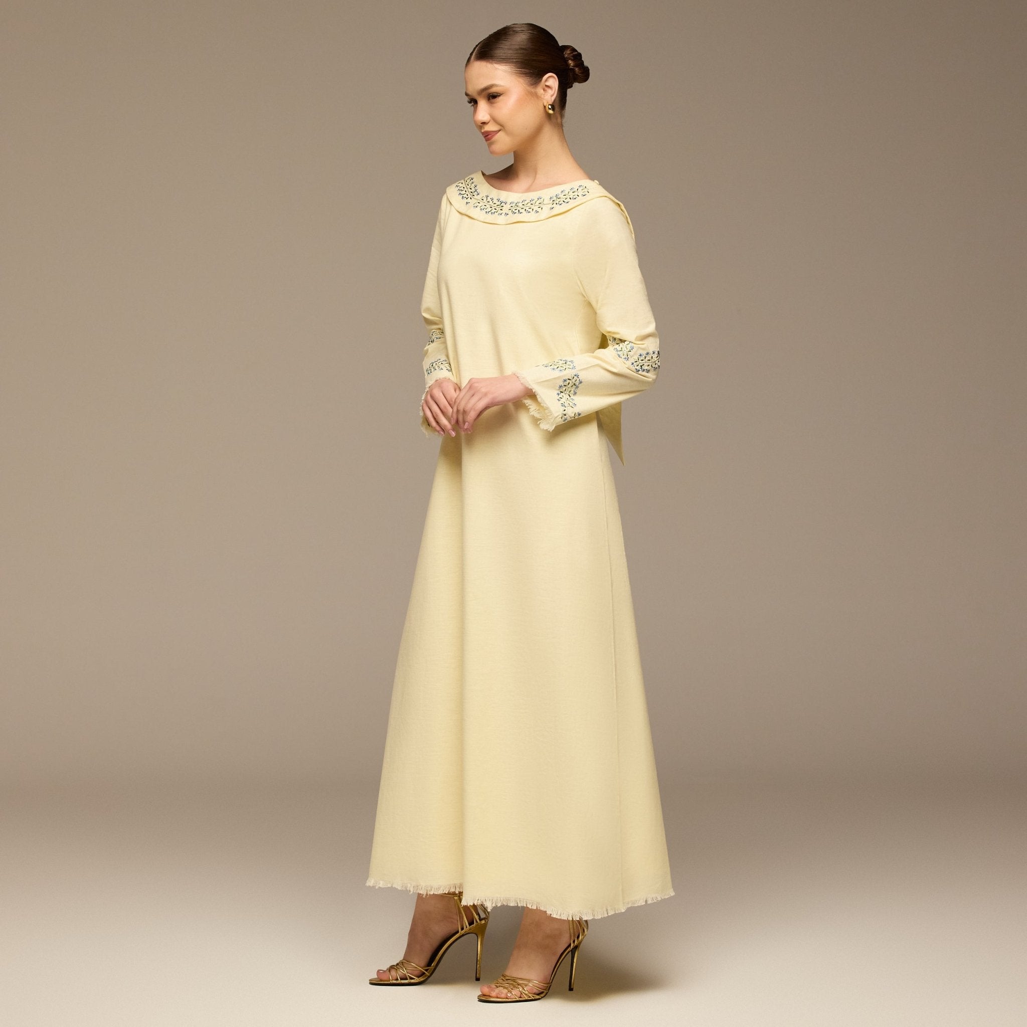 Butter Yellow Embroidered Neckline and Sleeve Linen Dress - shopaleena
