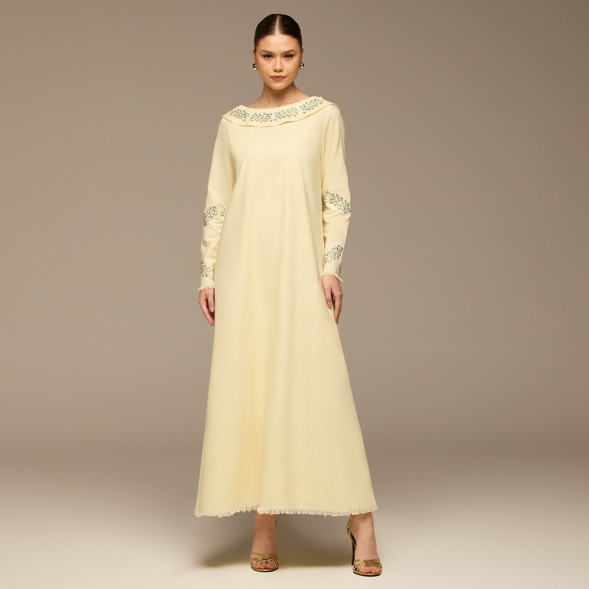 Butter Yellow Embroidered Neckline and Sleeve Linen Dress - shopaleena
