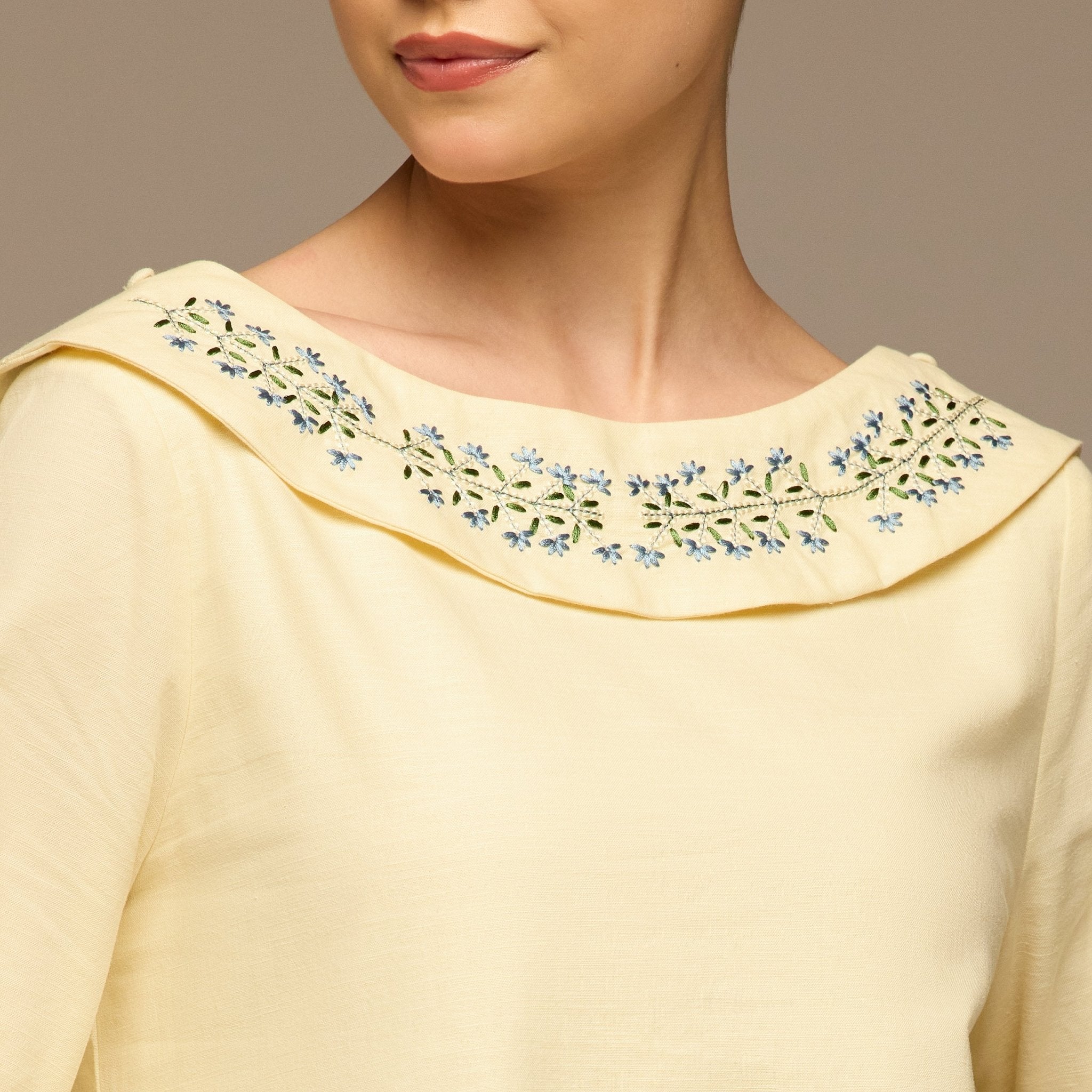 Butter Yellow Embroidered Neckline and Sleeve Linen Dress - shopaleena