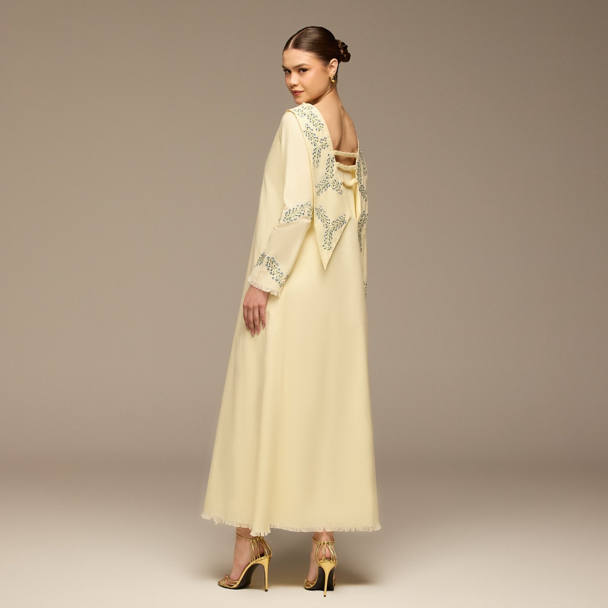 Butter Yellow Embroidered Neckline and Sleeve Linen Dress - shopaleena