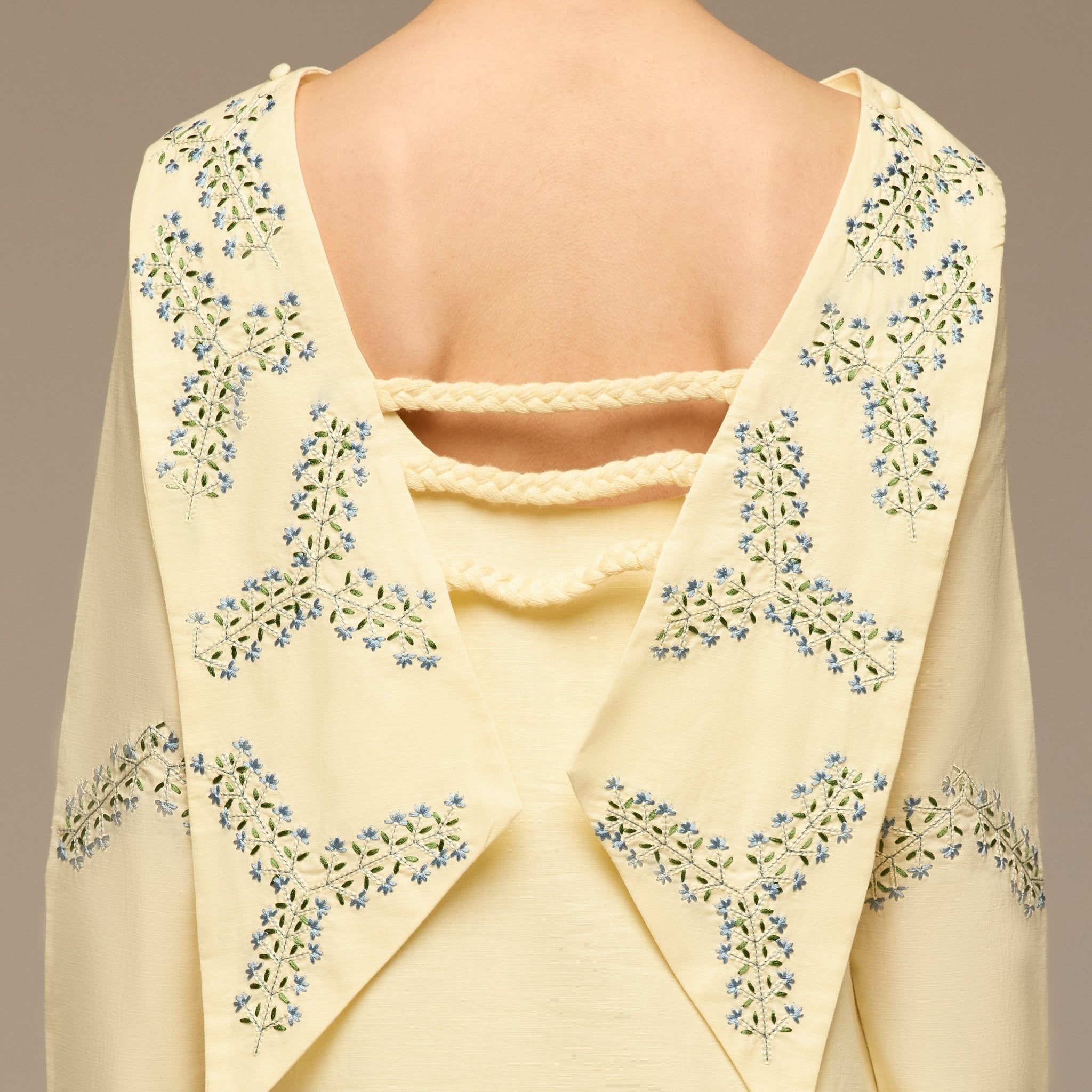 Butter Yellow Embroidered Neckline and Sleeve Linen Dress - shopaleena
