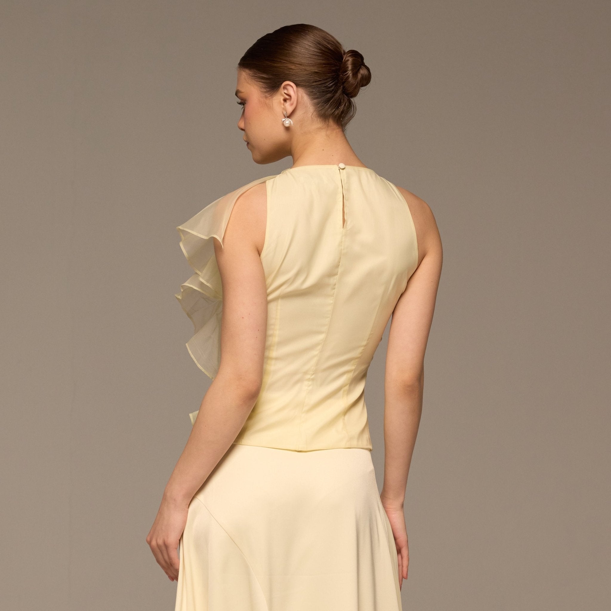 Butter Yellow One Side Ruffle Organza Blouse - shopaleena