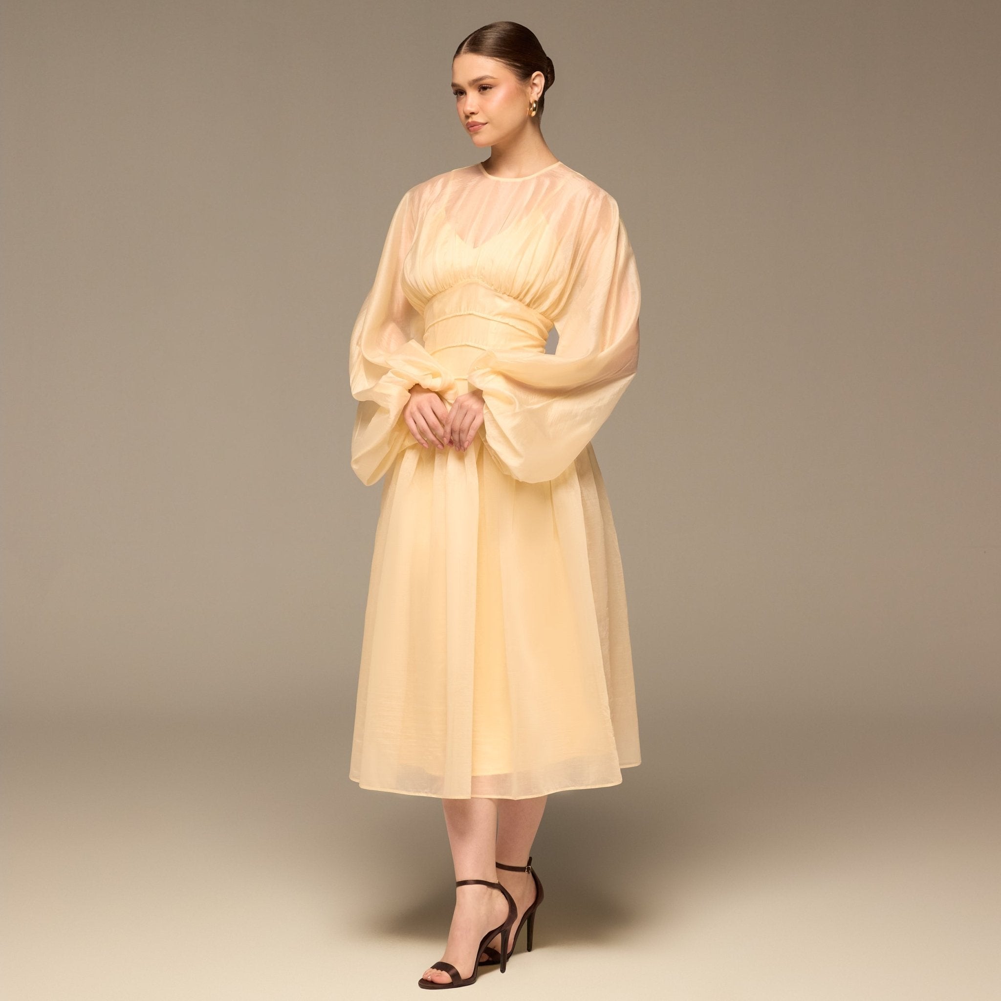 Butter Yellow Organza Puffy Sleeve Dress - shopaleena