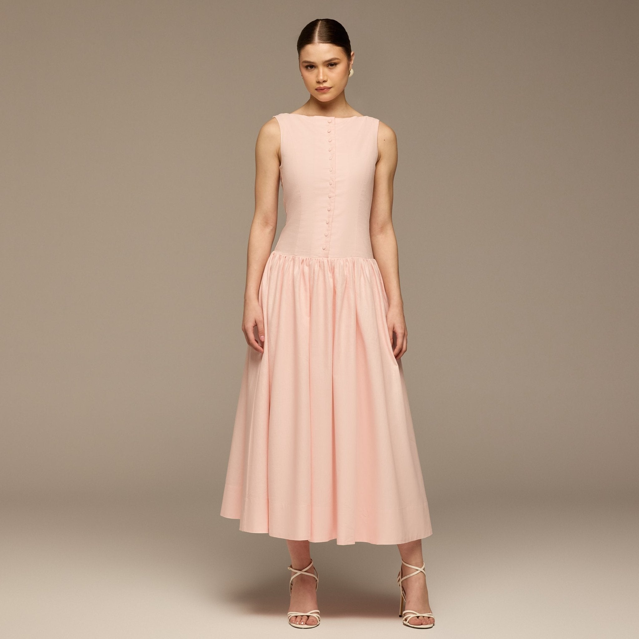 Button-Front Linen Midi Dress - shopaleena