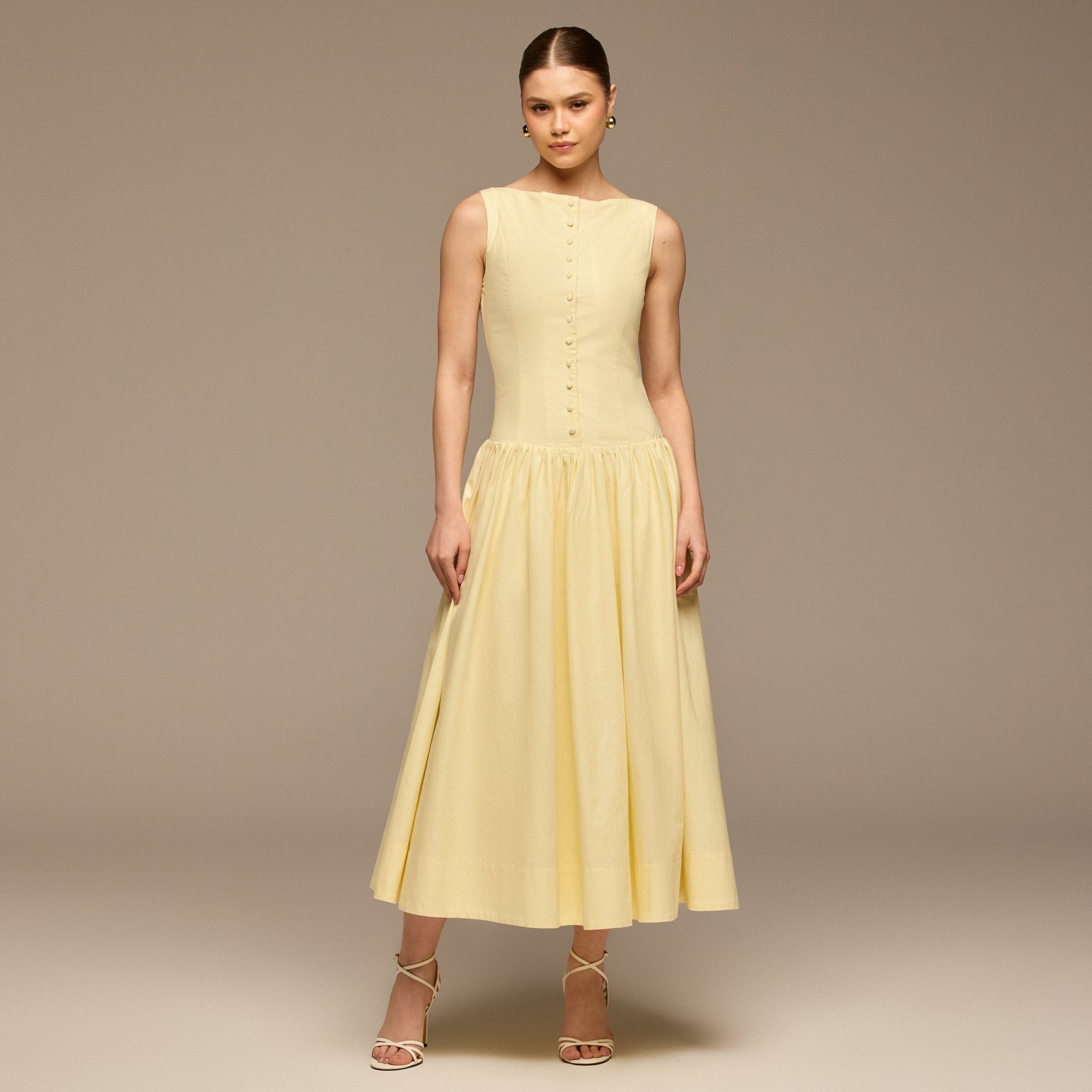 Button-Front Linen Midi Dress - shopaleena