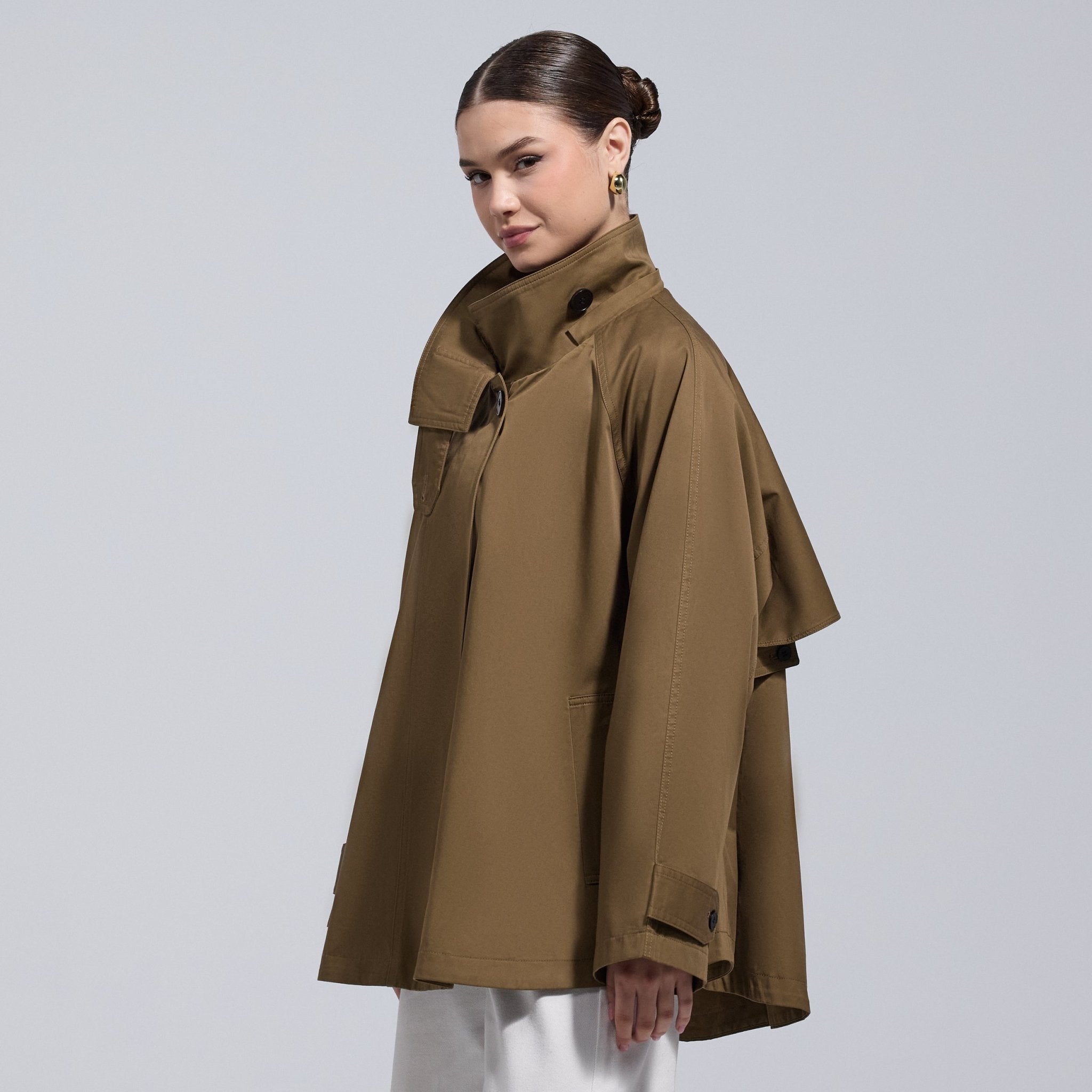 Camel Twill Cape Trench Coat - shopaleena