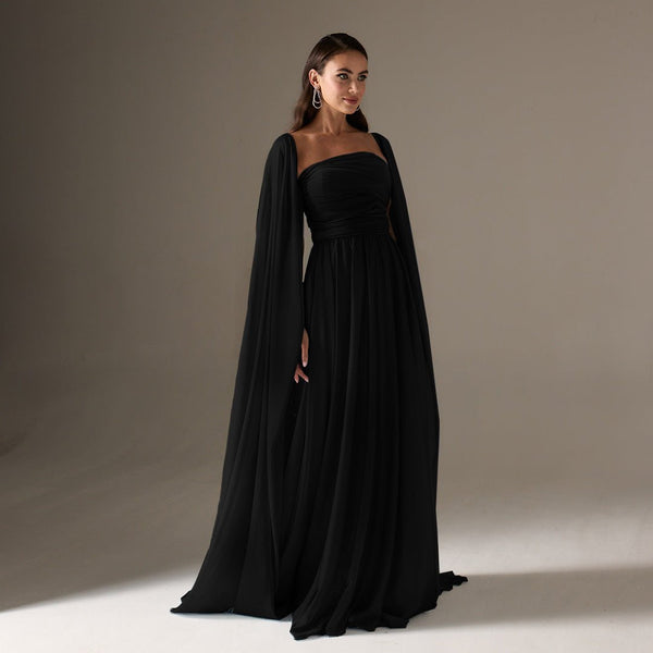 Black Cape Sleeve Drapped A-line Chiffon Dress – shopaleena