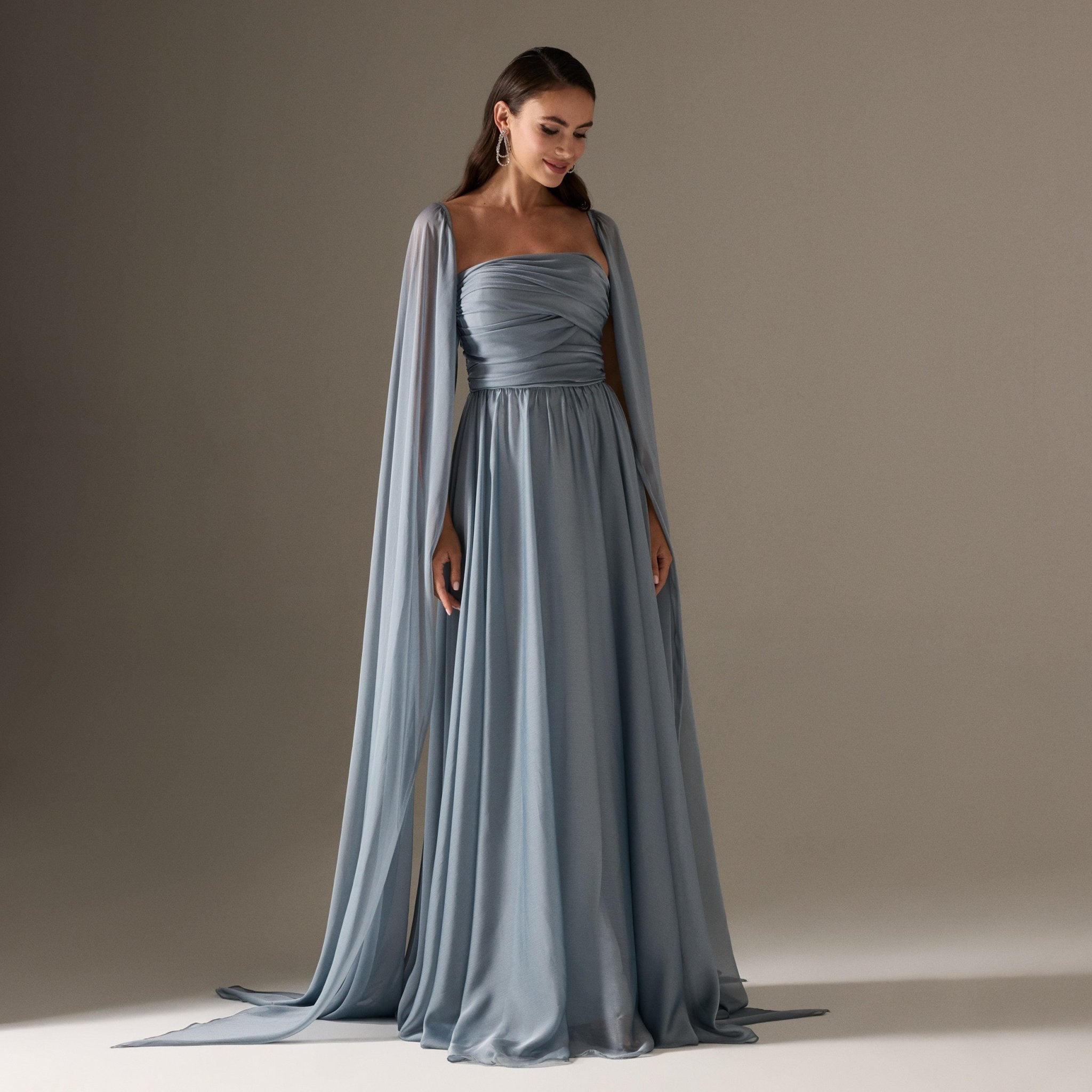 Cape Sleeve Drapped A-line Chiffon Dress – shopaleena