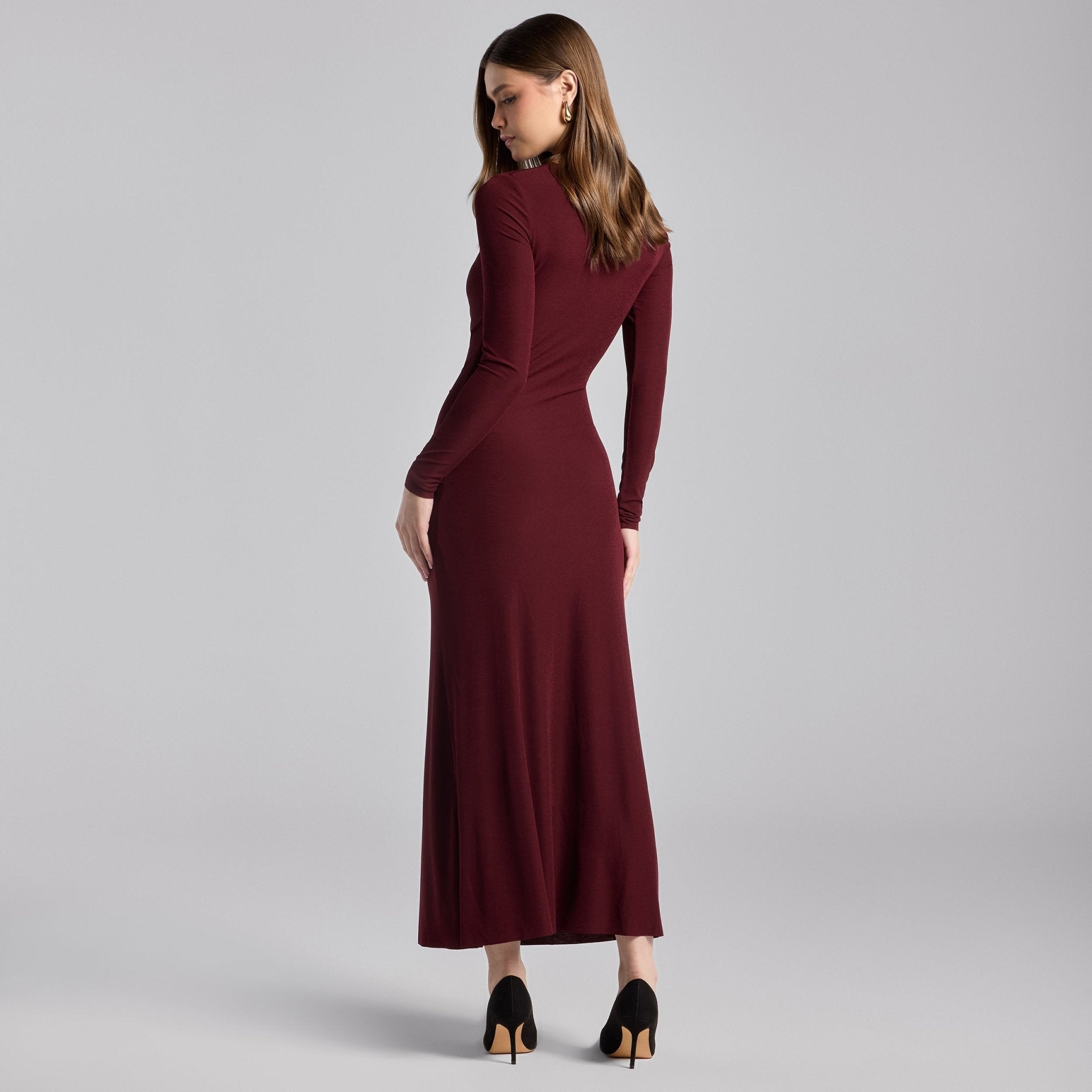Cherry Red Asymmetric Neck Midi Jersey Dress - shopaleena