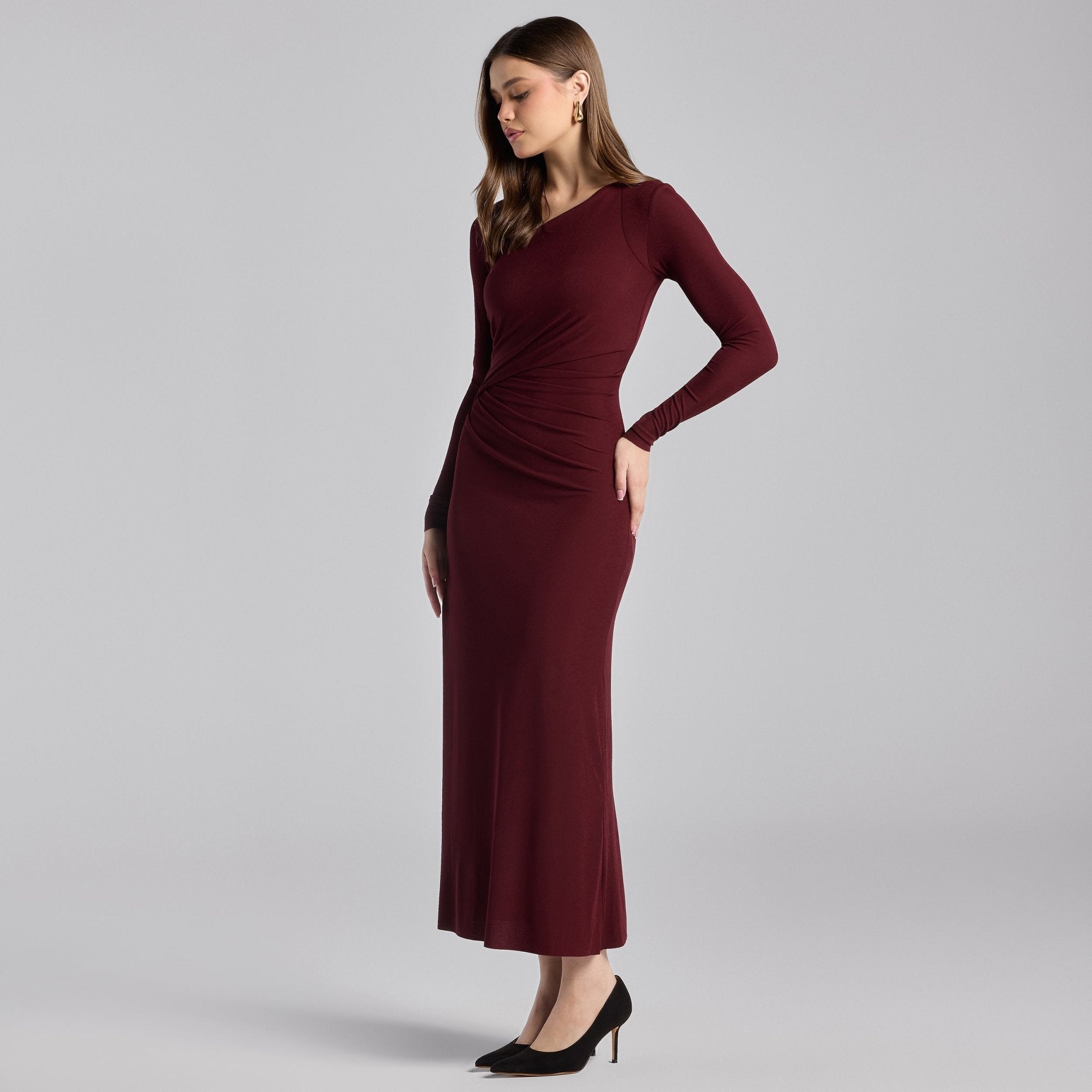 Cherry Red Asymmetric Neck Midi Jersey Dress - shopaleena