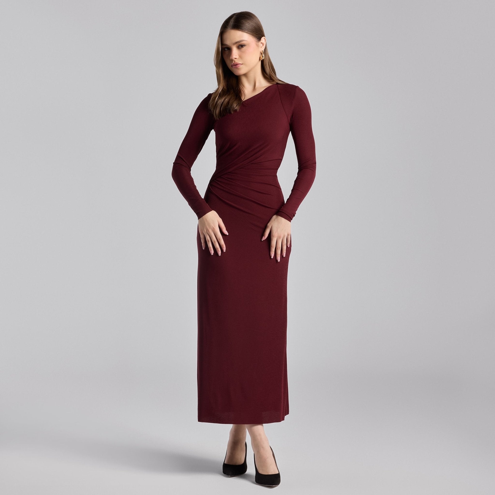 Cherry Red Asymmetric Neck Midi Jersey Dress - shopaleena