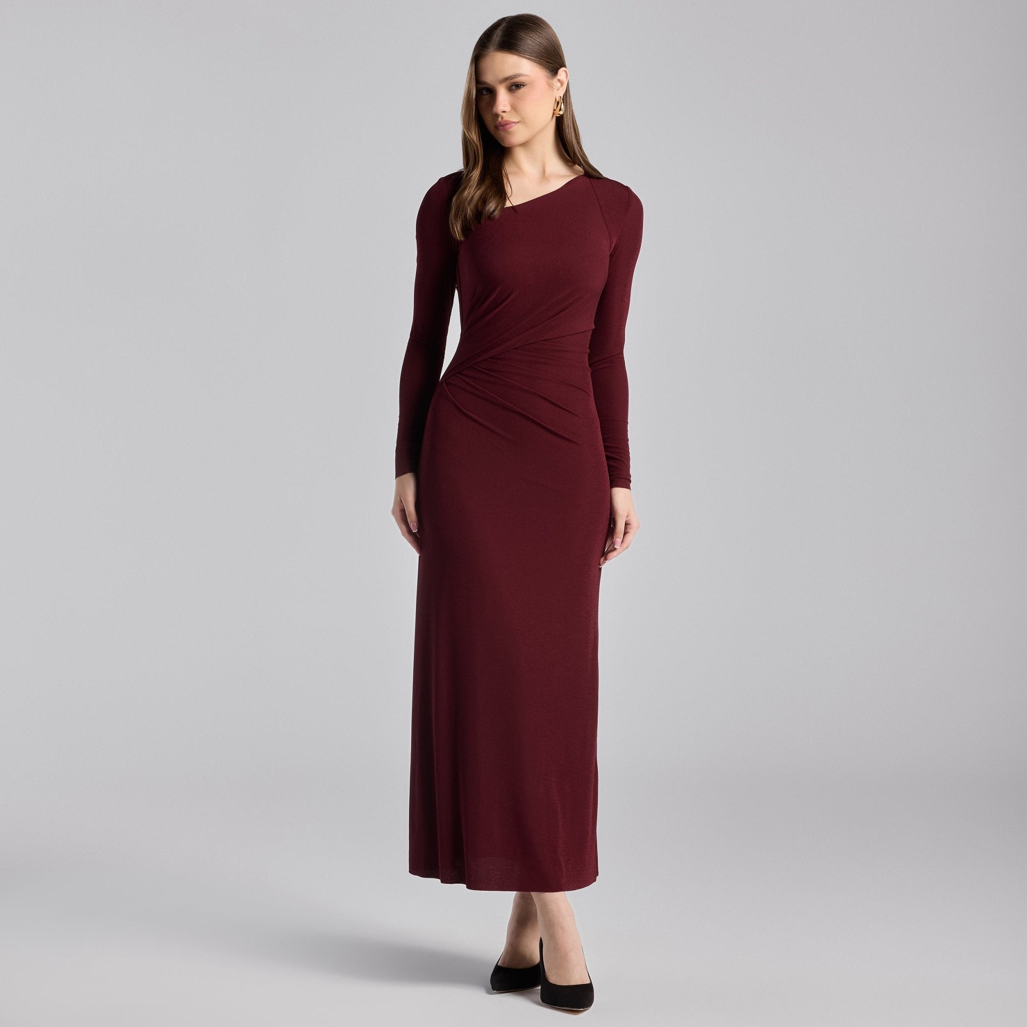 Cherry Red Asymmetric Neck Midi Jersey Dress - shopaleena