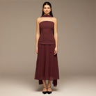 Cherry Red Crepe and Chiffon Pleated Dress with Scarf - shopaleena