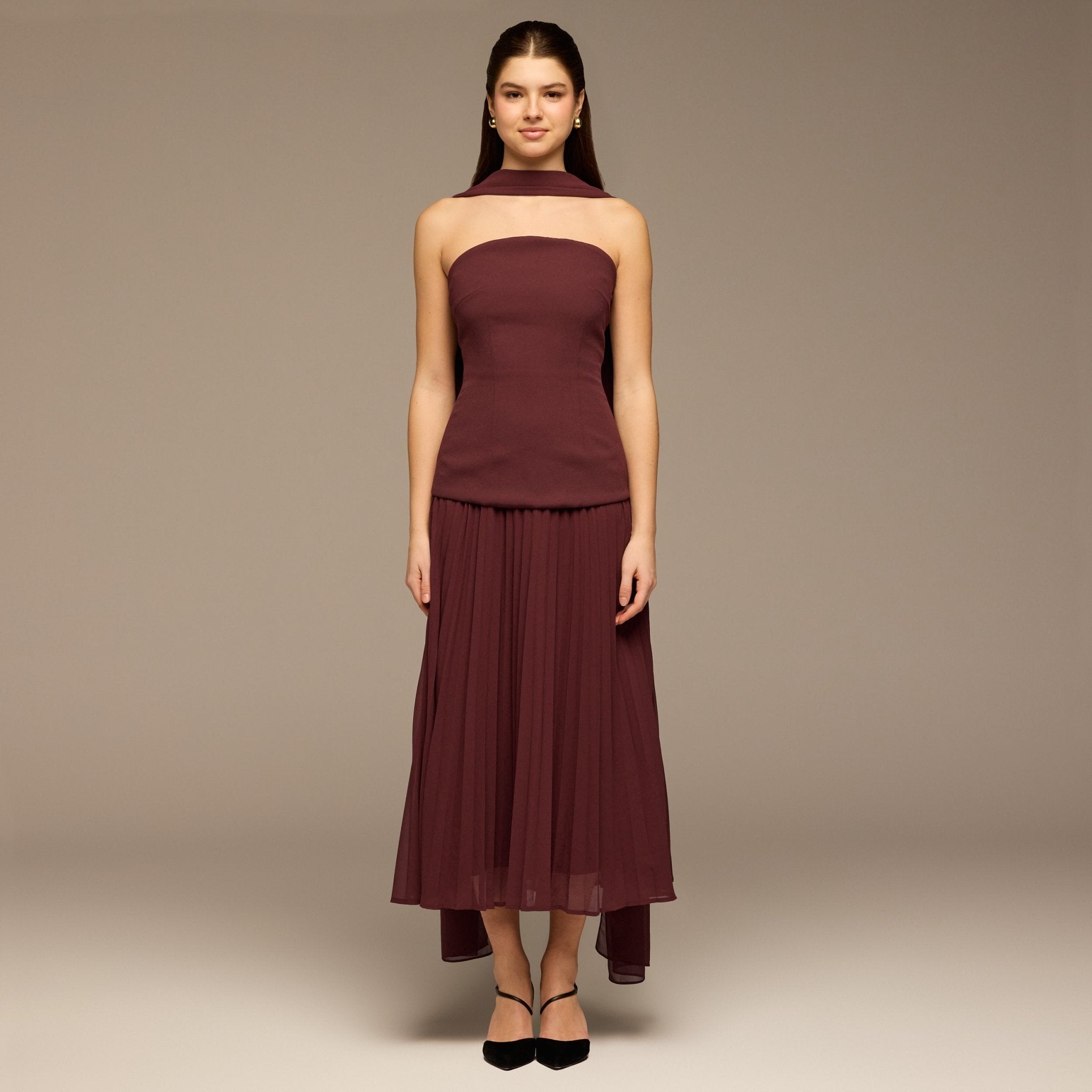 Cherry Red Crepe and Chiffon Pleated Dress with Scarf - shopaleena