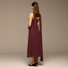 Cherry Red Crepe and Chiffon Pleated Dress with Scarf - shopaleena