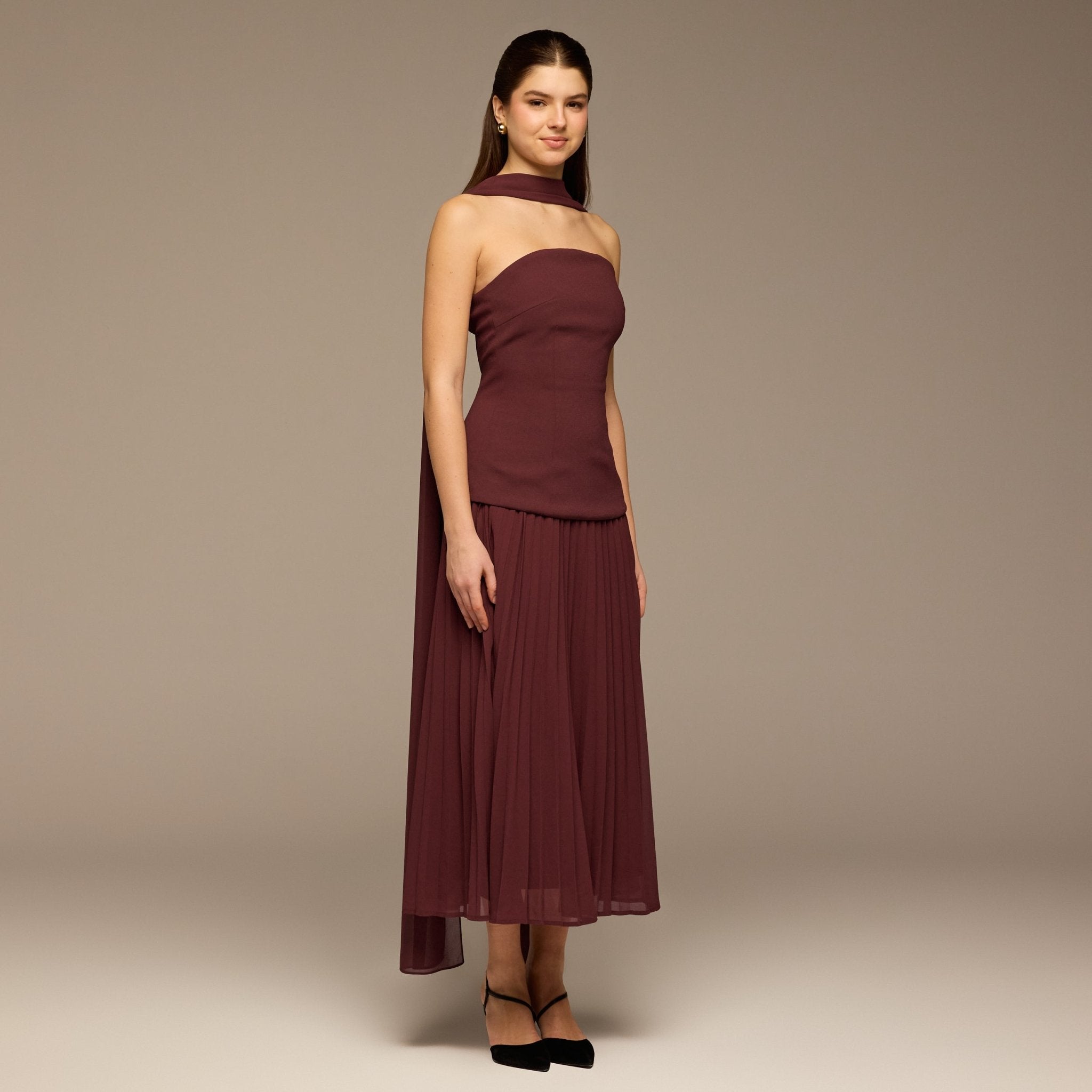 Cherry Red Crepe and Chiffon Pleated Dress with Scarf - shopaleena
