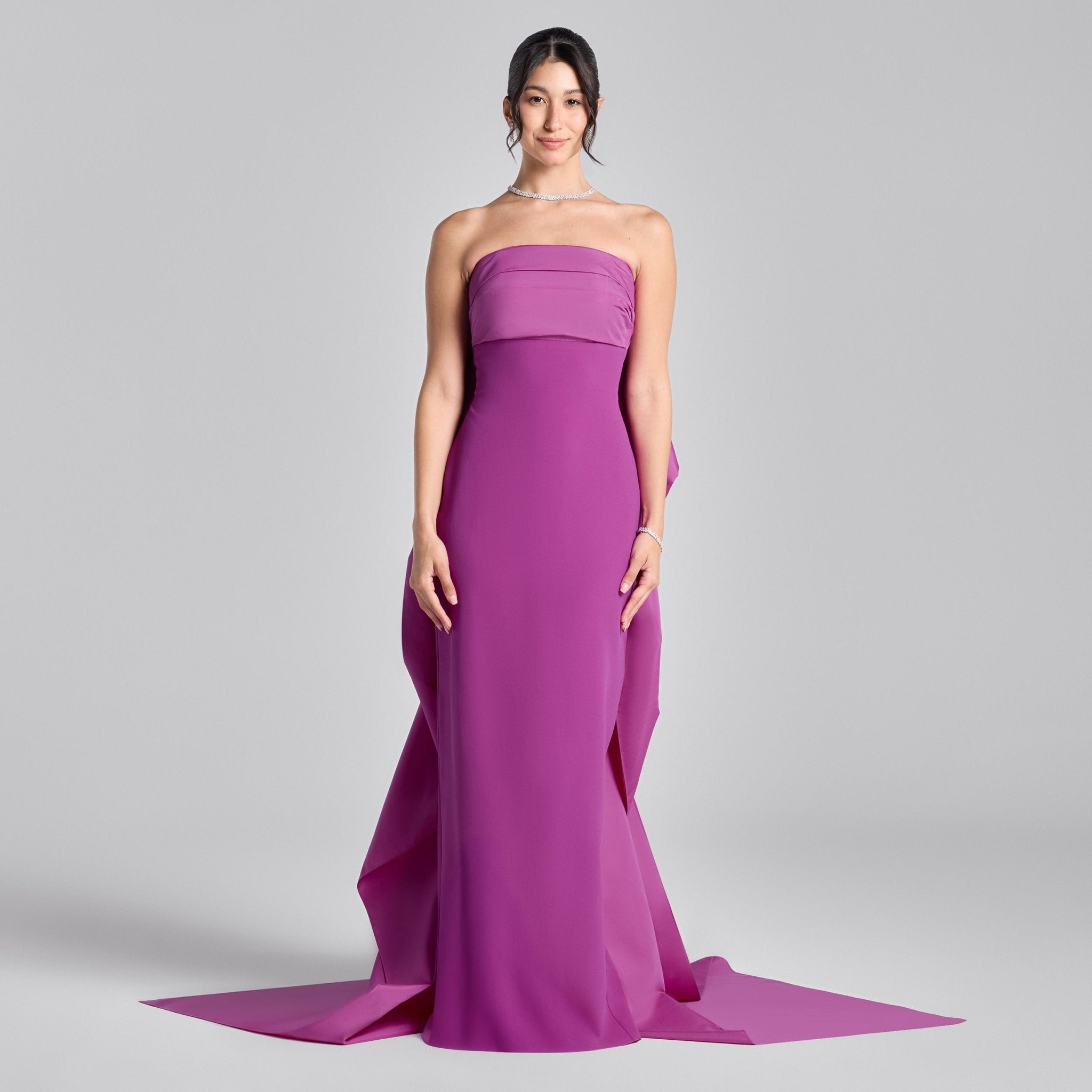 Cherry Red Crepe and Taffeta Strapless Bow Gown - shopaleena