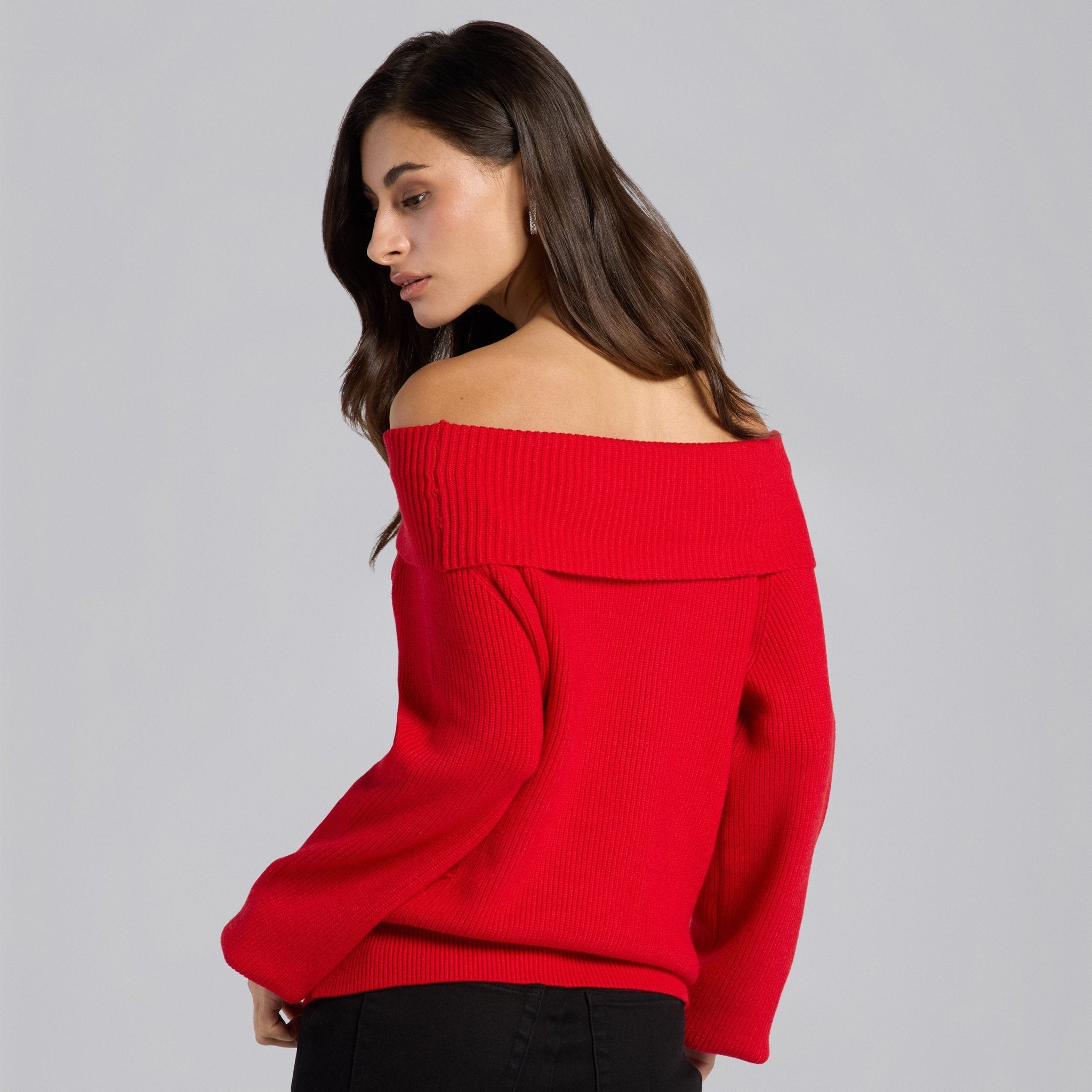 Cherry Red Knit Fold Off Shoulder Balloon Sleeve Sweater - shopaleena