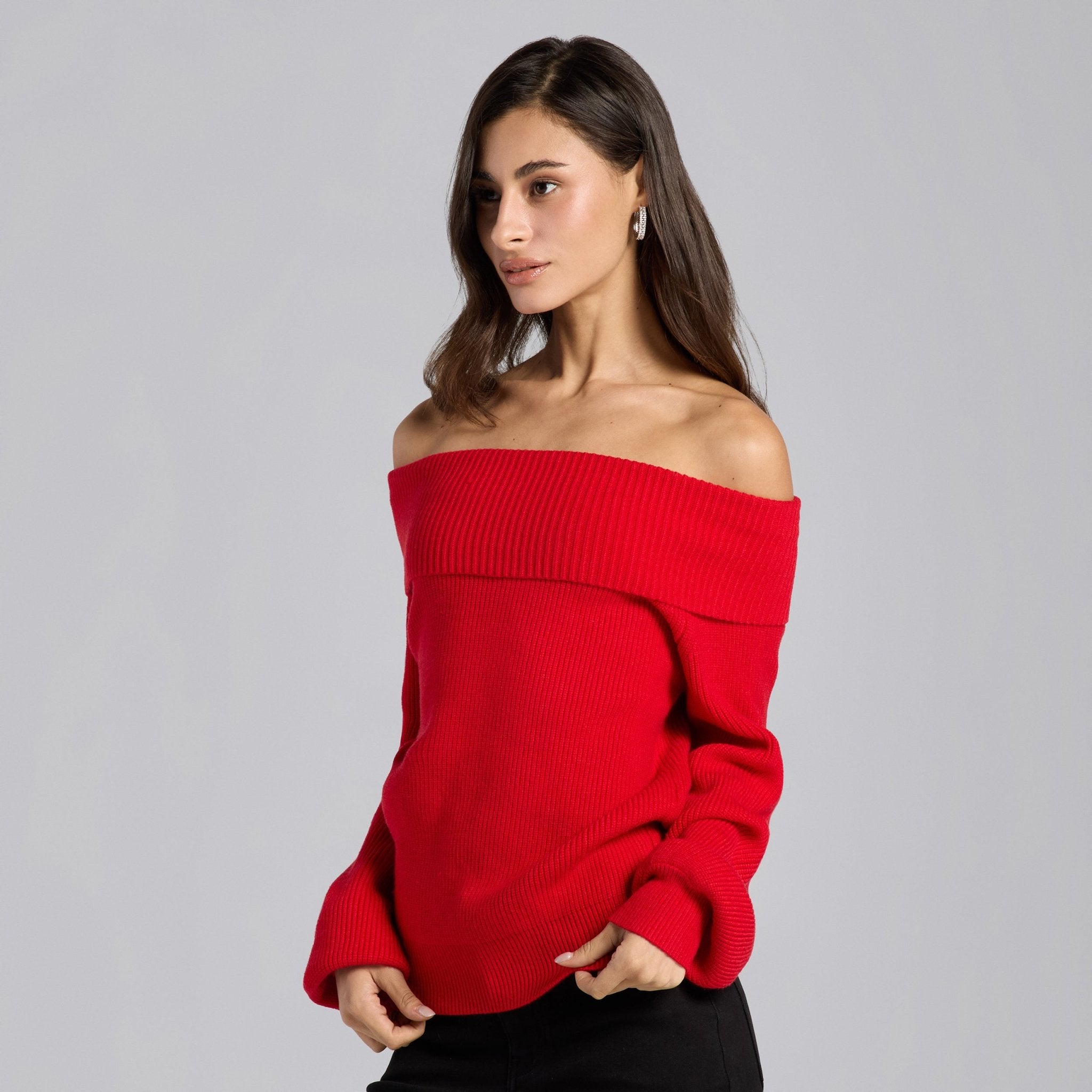 Cherry Red Knit Fold Off Shoulder Balloon Sleeve Sweater - shopaleena